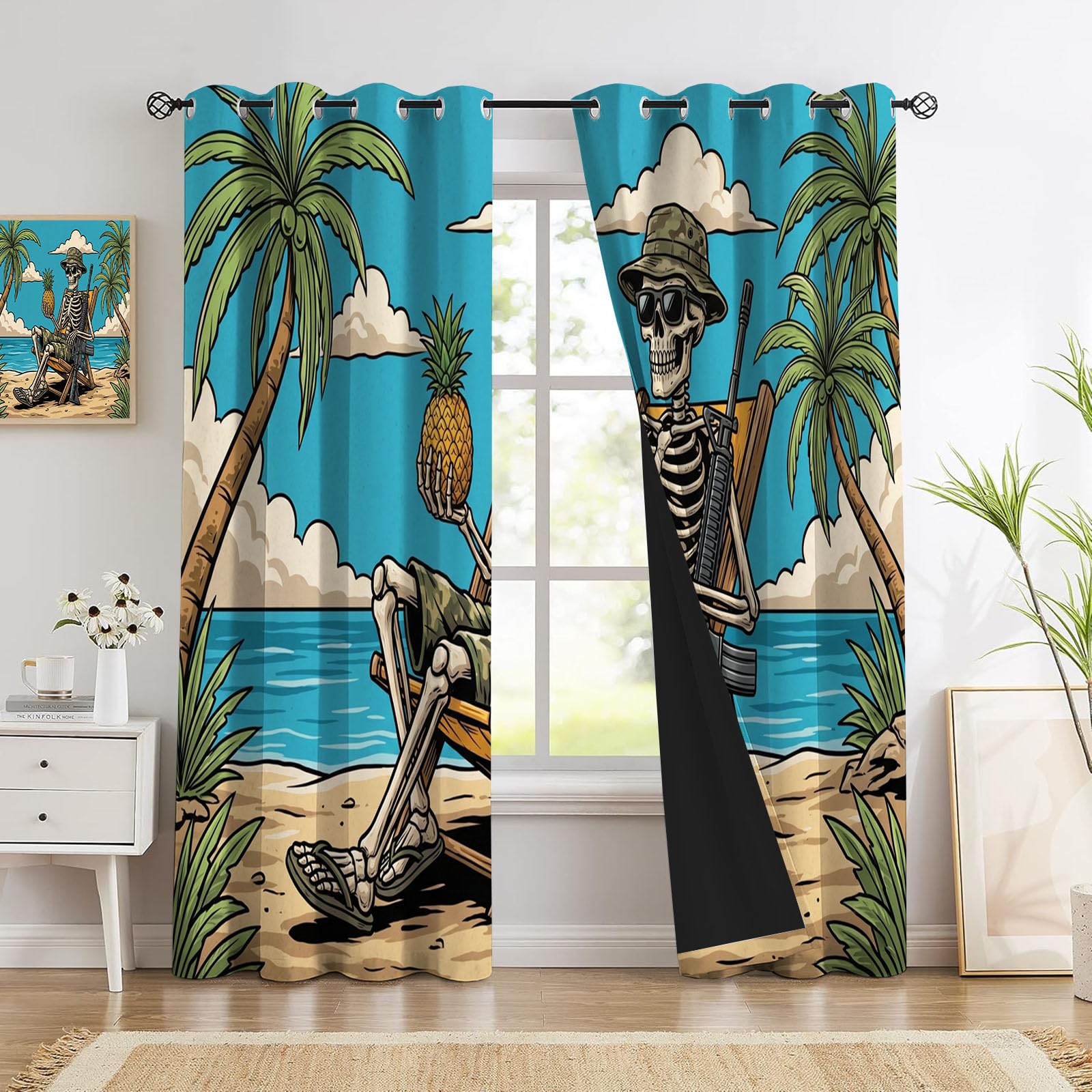 Animationsstil Verdunklungsvorhänge H140 x B90 cm (2er Pack) Set Blickdicht Gardinen Mit Ösen Für Wohnzimmergothic-Schädel Vorhänge Schlafzimmer Kinderzimmer - Blaugrün