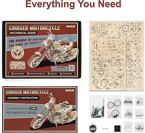 Miniatura 7 de ROKR Juego de rompecabezas de madera 3D para adultos, kit de modelo de globo luminoso y motocicleta, regalo único para niños y niñas