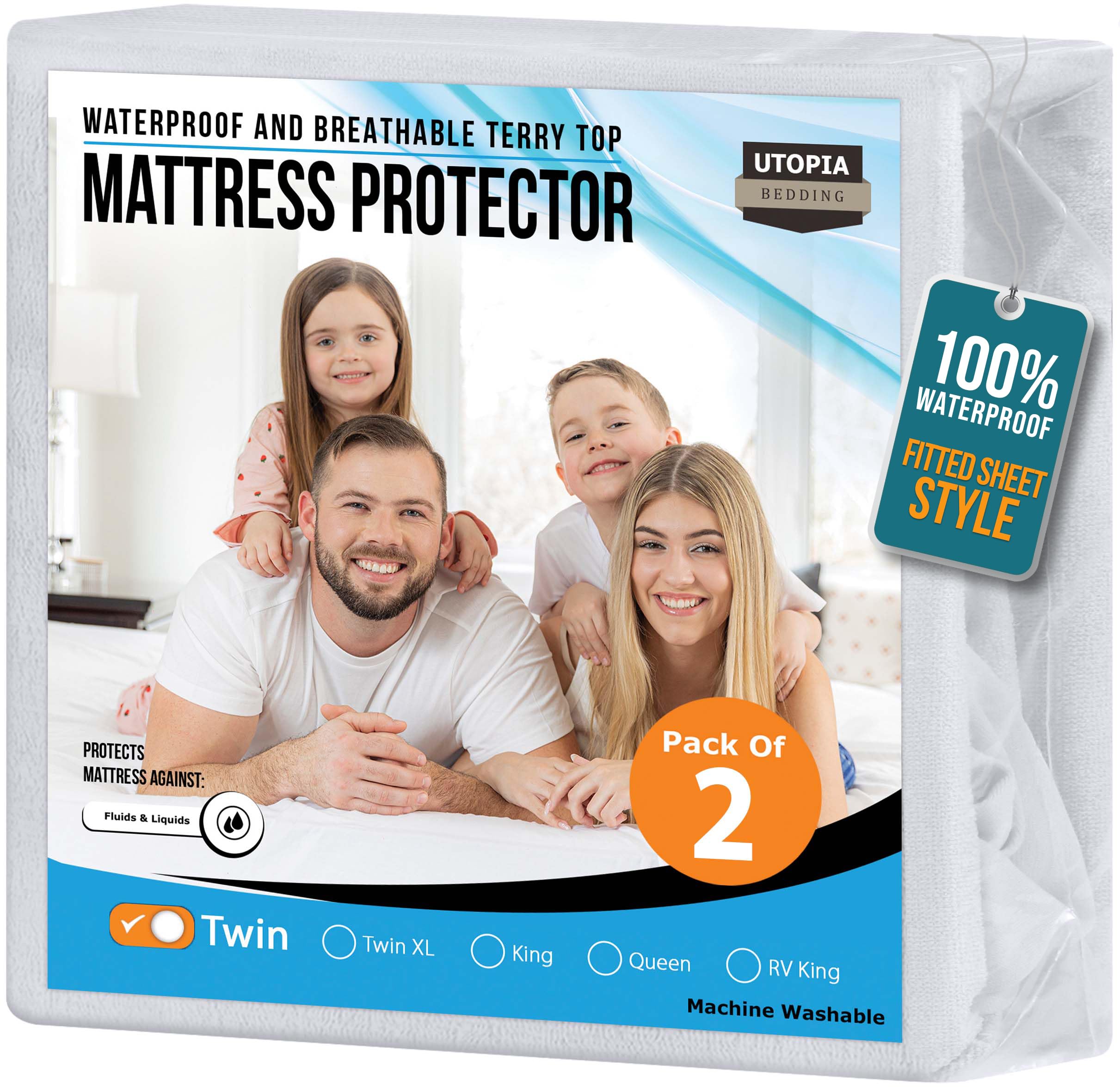 Utopia Bedding Waterproof Mattress Protector Twin Size 2 Pack, Premium 200 GSM Terry Mattress Cover, Soft & Breathable Bed Cover, Fitted Sheet Style with Stretchable Deep Pockets 15" (White)