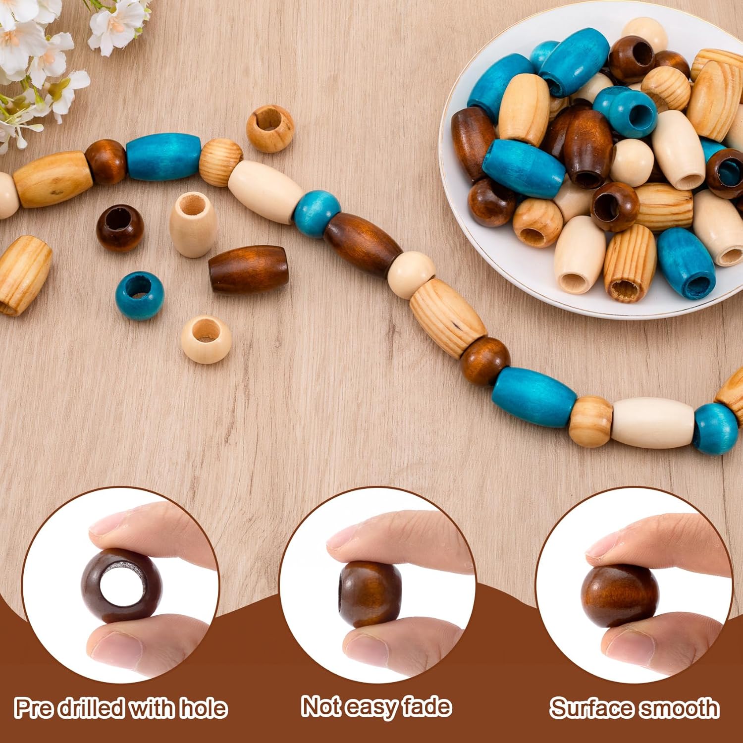 40pcs Wooden Beads for Crafts, 2 Sizes Large Hole Natural Wood Hair Bead, Vintage Wooden Spacer Accessories for Macrame Necklace Bracelet DIY Craft Handmade Decor- 4 Colors - Image 3
