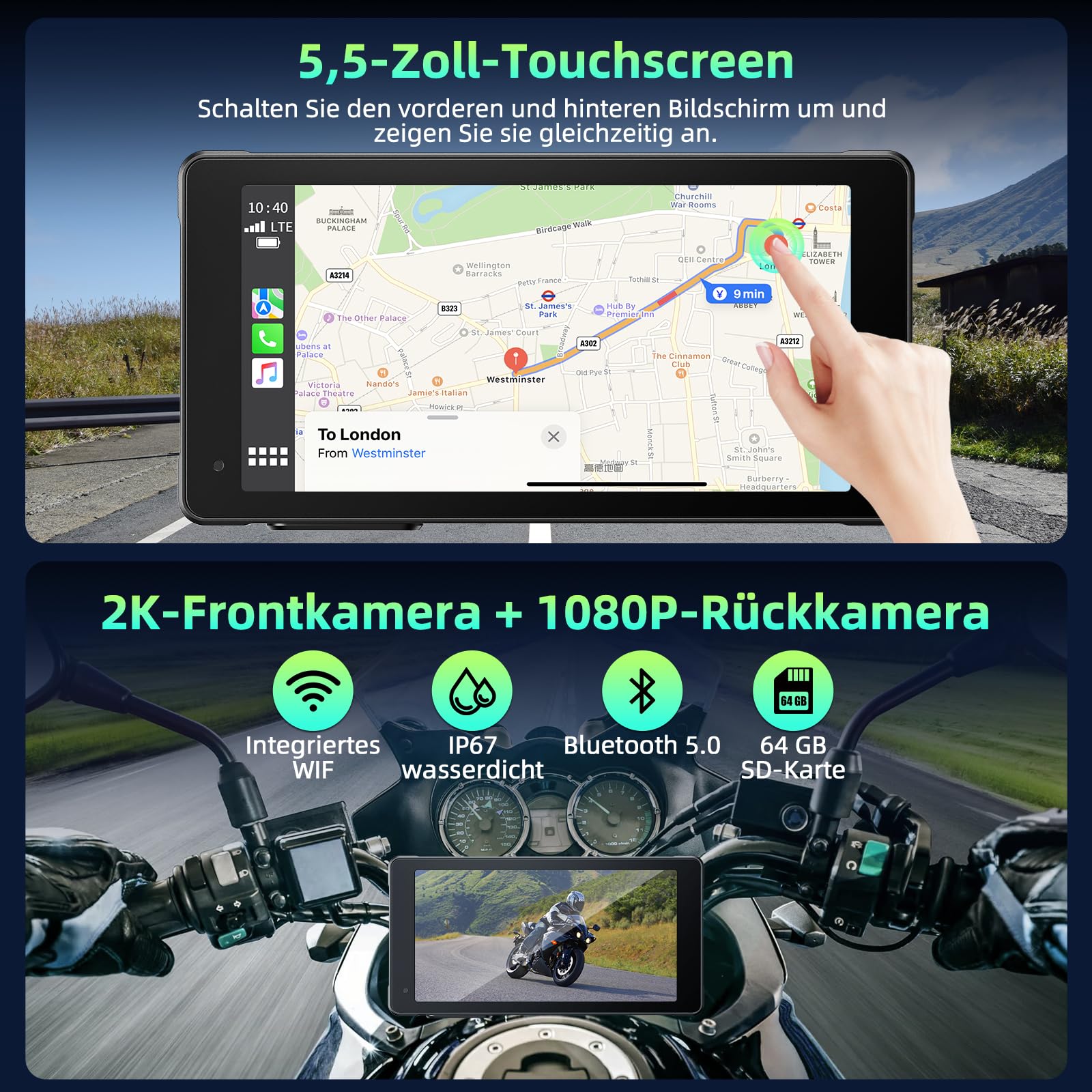 Lamto Motorrad Carplay & Android Auto für Motorcycle,Tragbares Carplay Bildschirm mit Dashcam Vorne Hinten 2K+1080P,5,5 Zoll IP67 Wasserdichter Touchscreen für Motorräder,Daueraufnahme/Siri/64G TF