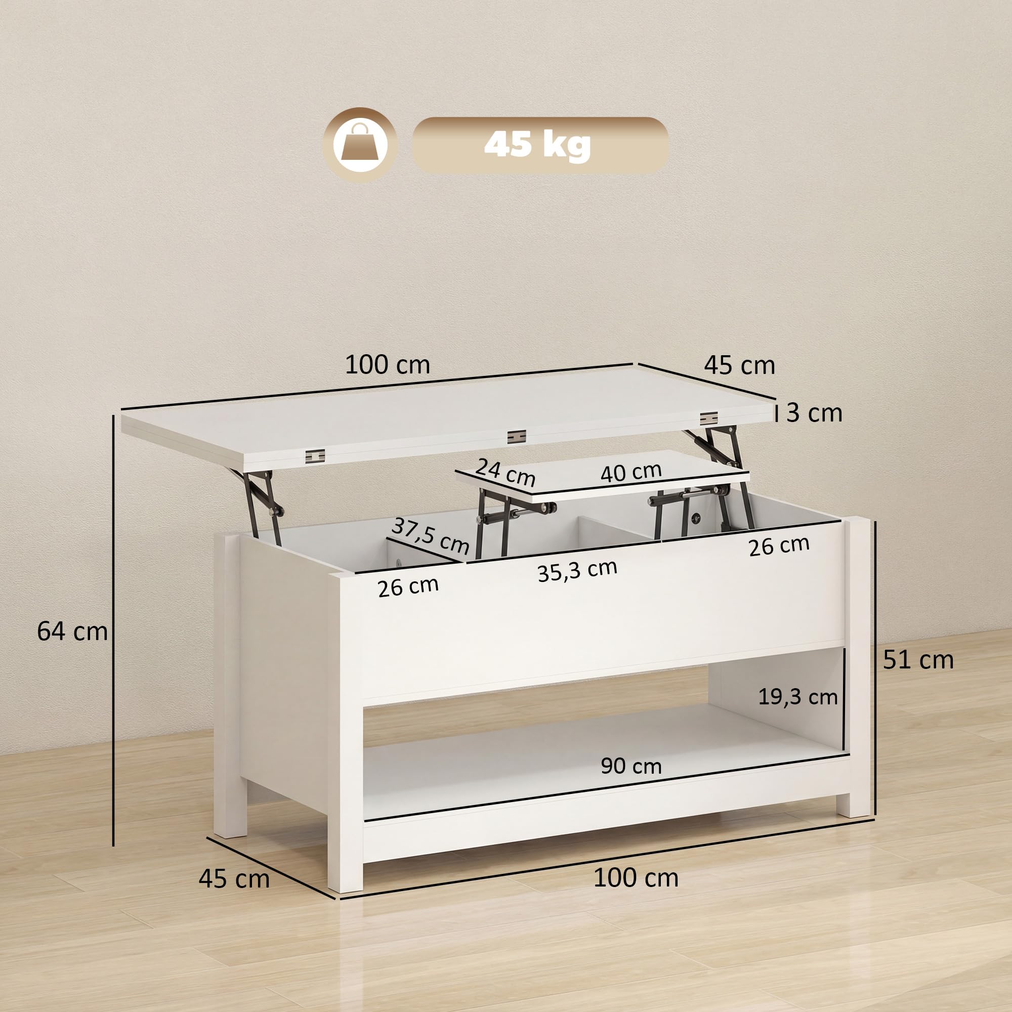 HOMCOM Mesa de Centro Elevable y Extensible Comedor 100x90x64 cm Blanco | Mesa de Salón con Compartimentos Ocultos, Estante Abierto, para Oficina