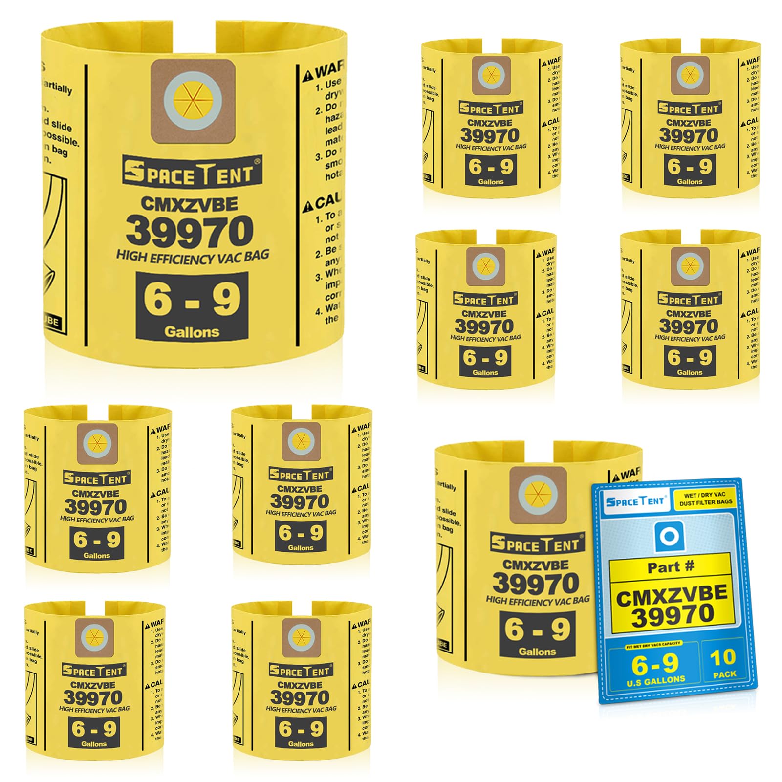 SpaceTent 10 Pack CMXZVBE39970 Replacement Filter Bags for CRAFTSMAN 6 and 9 Gallon Shop Vacuums, Part# 39970 CMXZVBE39970, Fine Collection Dust Bags