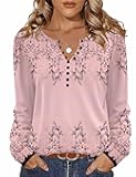 Fall Tops for Women Long Sleeve Button Up Shirts Floral Tunics V Neck Pullover Blouse
