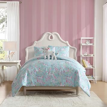 Laura Ashley - Kids Comforter Set, 100% Super Soft Toddler Bedding with Matching Shams & Bonus Decorative Pillow, Ideal Girl Room Essentials Magical Unicorns Blue, Full/Queen