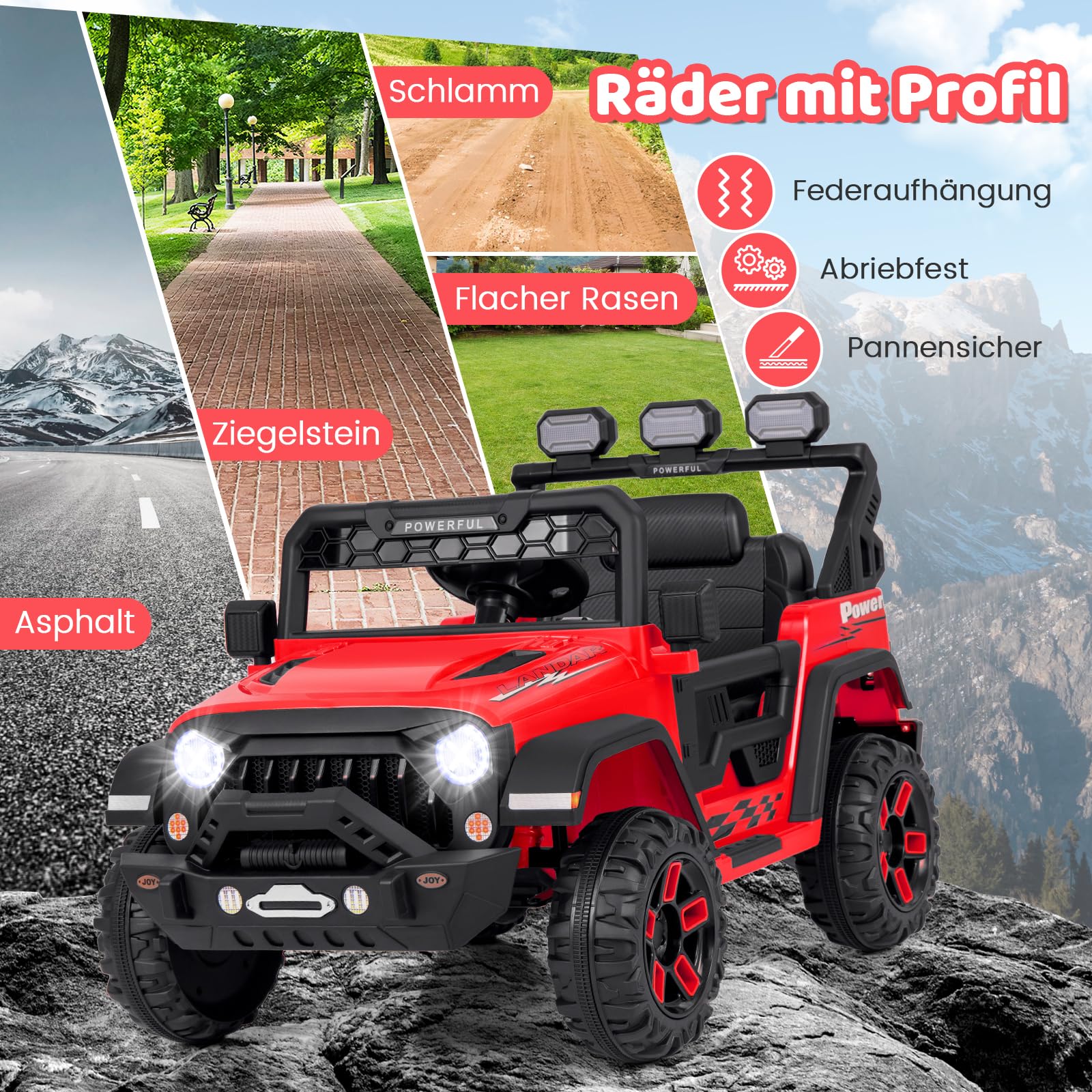 COSTWAY Elektroauto, 12V Kinderfahrzeug Elektrisch mit 2,4G Fernbedienung & USB & Licht & Musik, 1-5 km/h, für Kinder ab 3 Jahre (Rot)