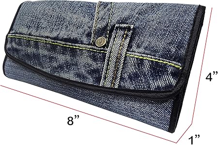Up-cycling Blue Denim Tri-fold Large Capacity Long Wallet Wristlet