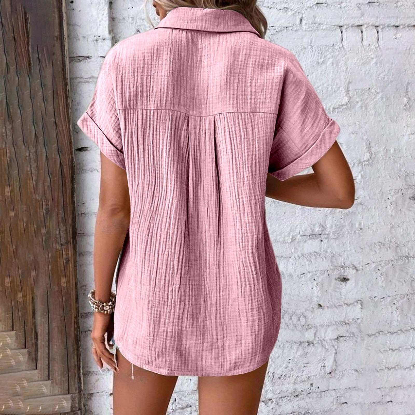 Camicie di lino alla moda con colletto a maniche corte per le donne Button Down Vcation Estate 2026 Camicette di garza casual con maniche dolman top in mussola da spiaggia da donna Primavera abiti
