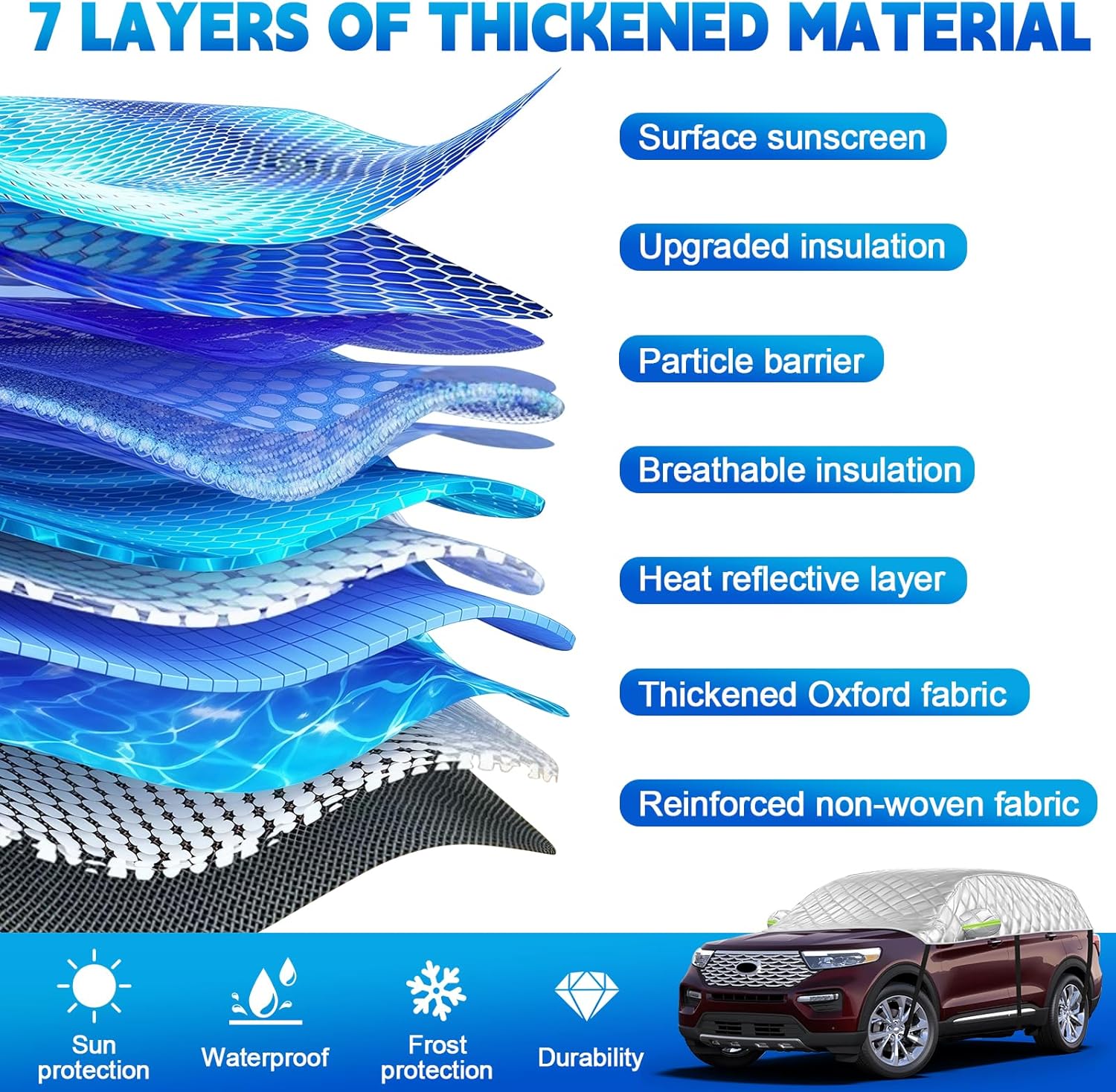 Half Car Cover for XL SUV Sunroof & Windshield Cover for Ice and Snow, All Weather Vehicle Body Cover for Sun, Rain, Dust（157"x59"）