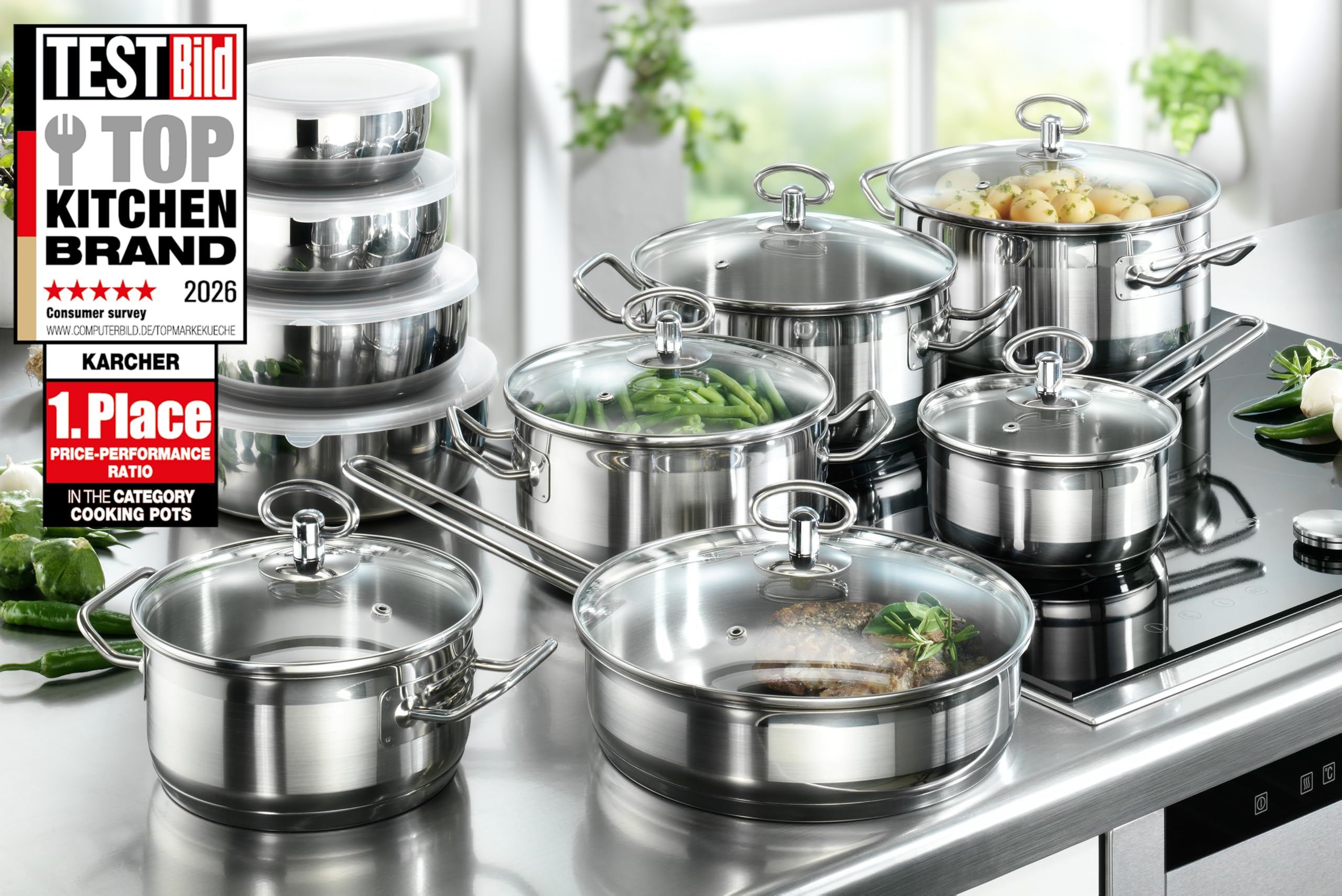 Karcher Set Pentole in Acciaio Inox 20 Pezzi con Coperchi | Batteria di Pentole Completa per Cucina, Induzione, Gas ed Elettrico | Casseruole, Padelle e Saladiere per Casa e Famiglia