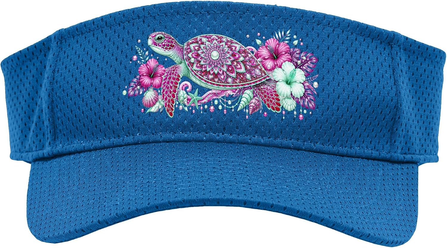 Cute Sea Turtle Pink Green Hibiscus Flowers Hawaiian Mandala Sport Sun Visor