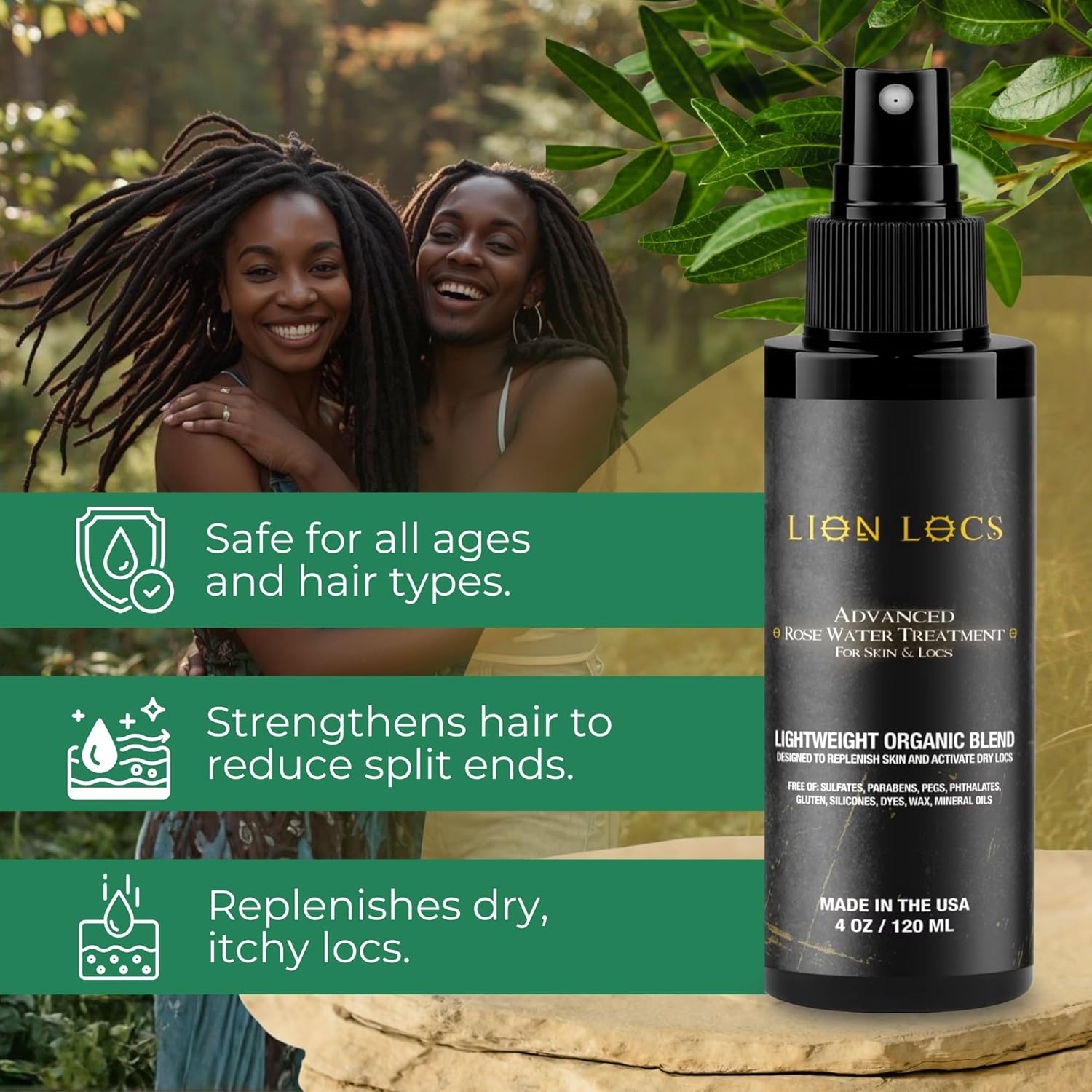 Lion Locs Rosewater Moisturizing Spray for Locs and Skin | Organic Vegan Conditioner Rose Water for All Hair Types