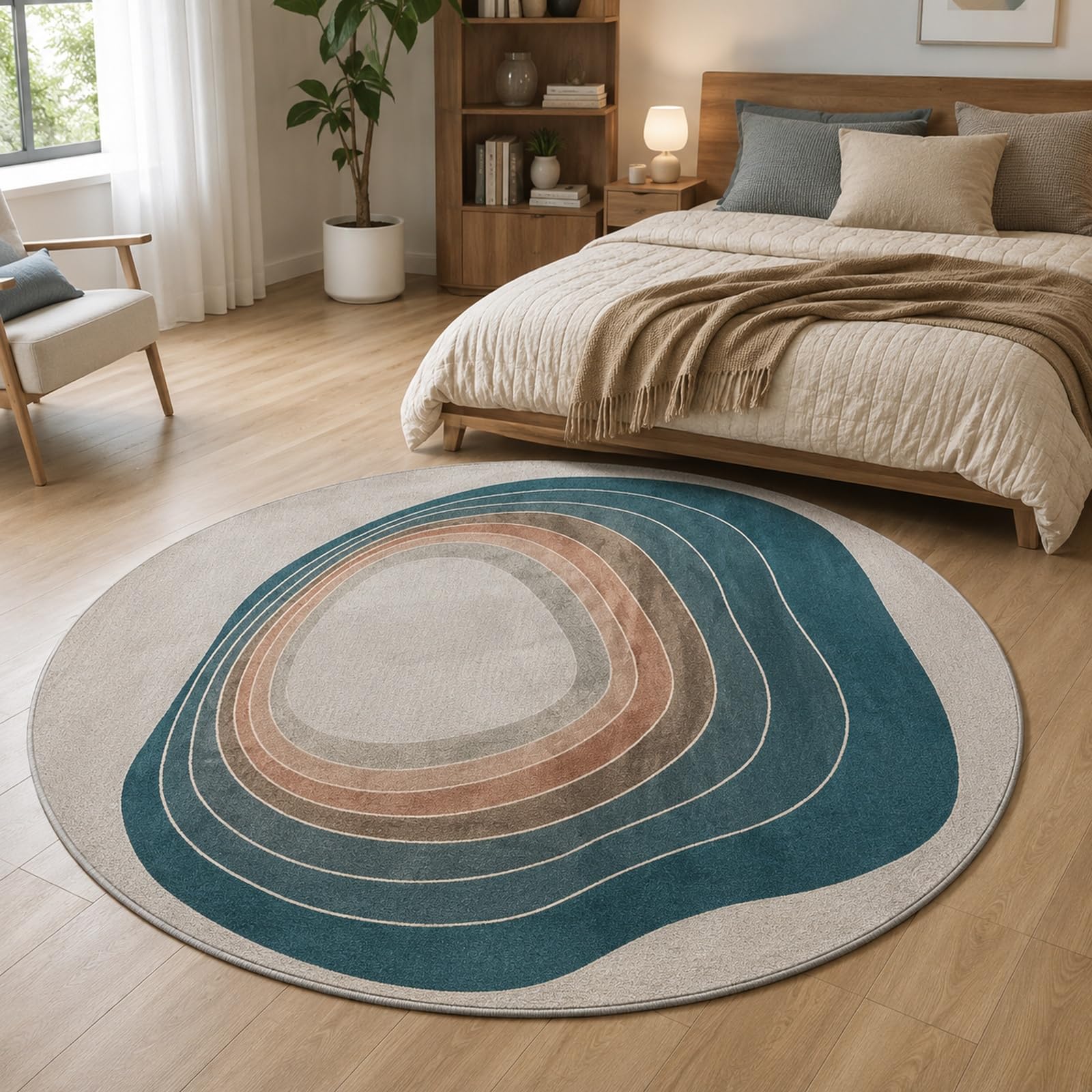 Tapis de cuisine et buanderie rond abstrait bleu et gris moderne 140cm