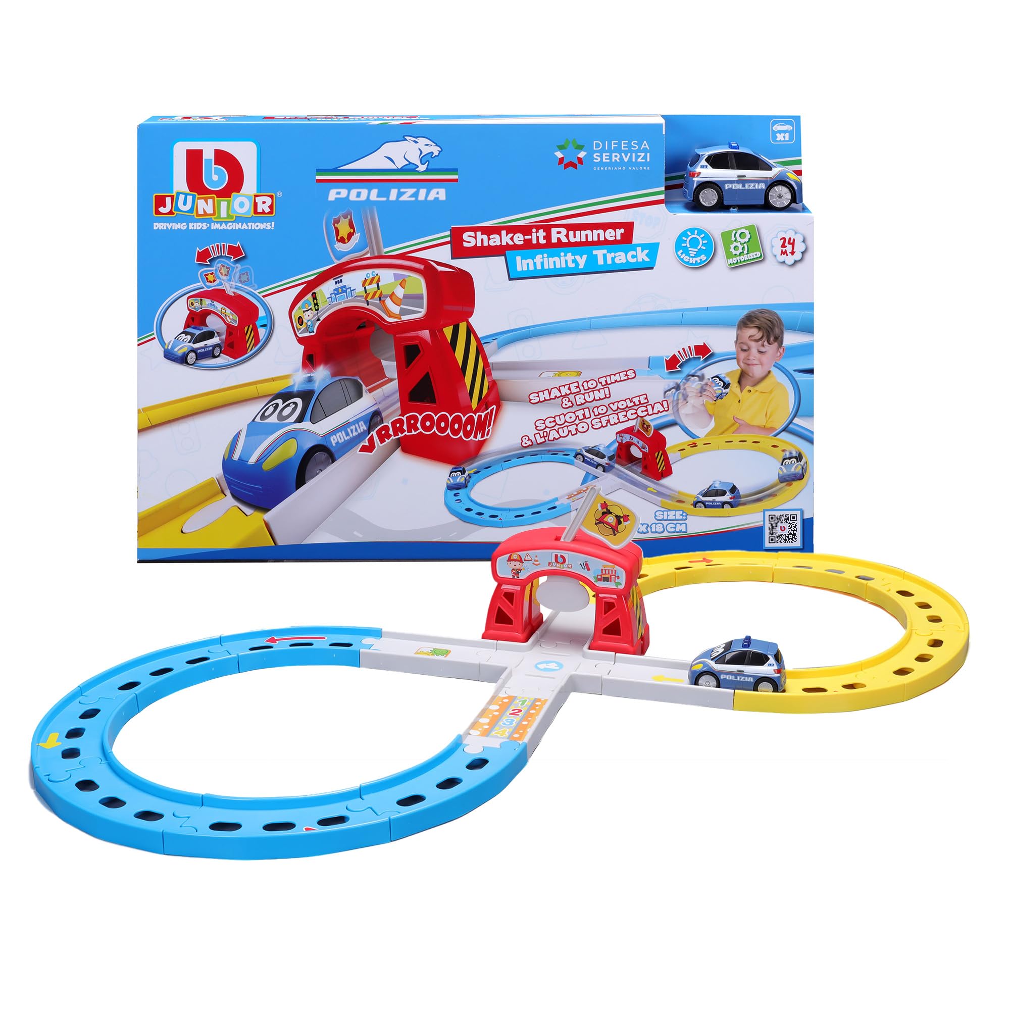 BBURAGO Shake-It Runner Infinity Track Polizia - Pista da Corsa Giocattolo con Macchina della Polizia, Funzione Shake & Go, Licenza Ufficiale Polizia, Età Consigliata 24+ Mesi