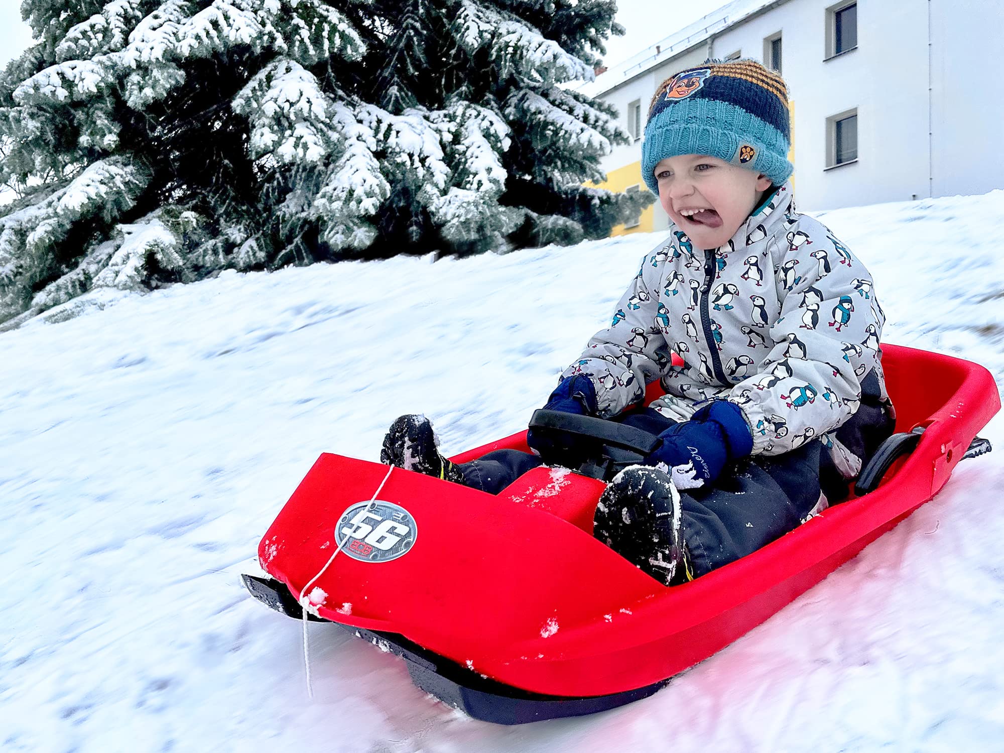 Ondis24 Schlitten mit Lenkrad Super Bob rot 1 Sitzer Lenkschlitten Lenkbob Rennrodel Rennschlitten mit Bremsen Schlitten