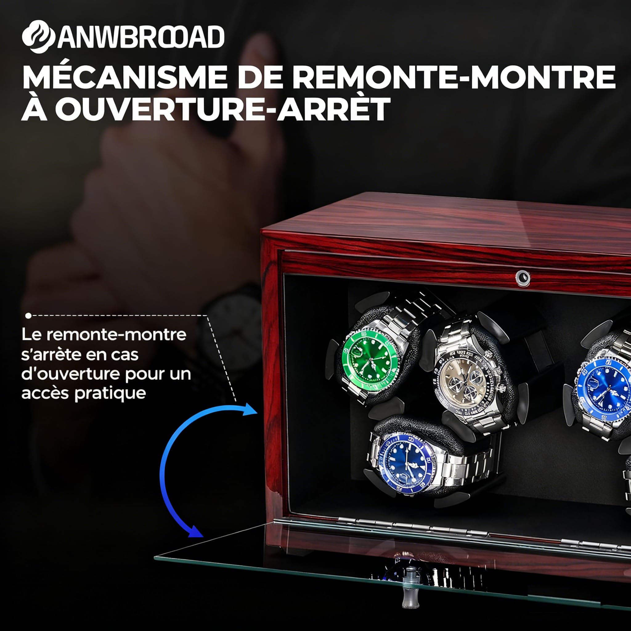 ANWBROAD Remontoir de montre 6 montres avec LED et moteur super silencieux rotateur 4 modes rotatifs Boîte à montres Shaker avec câble USB Cadeau UJWW003Y