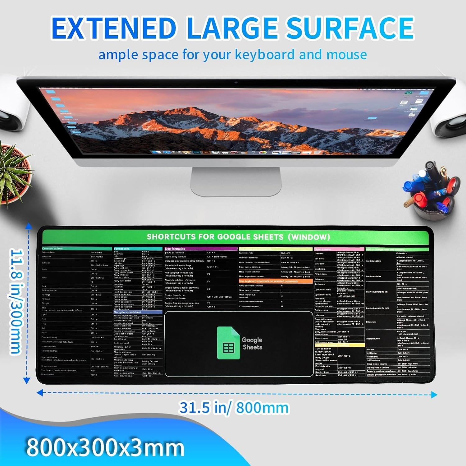 Google Sheet Shortcut Mouse Pad, Large Mousepad for Google Excel Spreadsheet, Extended Gaming Pad for Desk, 31.5”x11.8” Waterproof Anti Slip Keyboard Pad with Google Sheet Shortcuts (Windows)