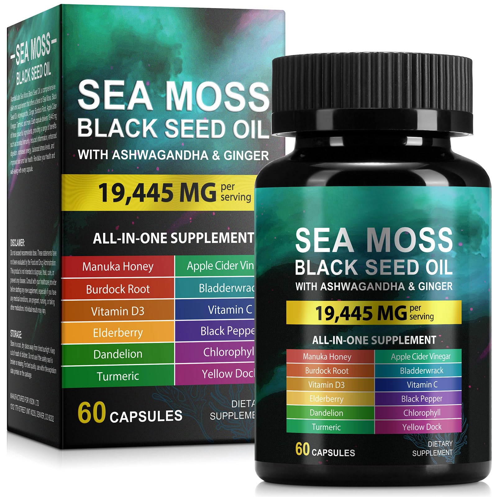 Vceeoy Suplemento 6 em 1 com Musgo-do-mar, Óleo de Semente Preta, Ashwagandha, Cúrcuma, Gengibre, Vinagre de Maçã e Vitaminas C e D3, 60 cápsulas