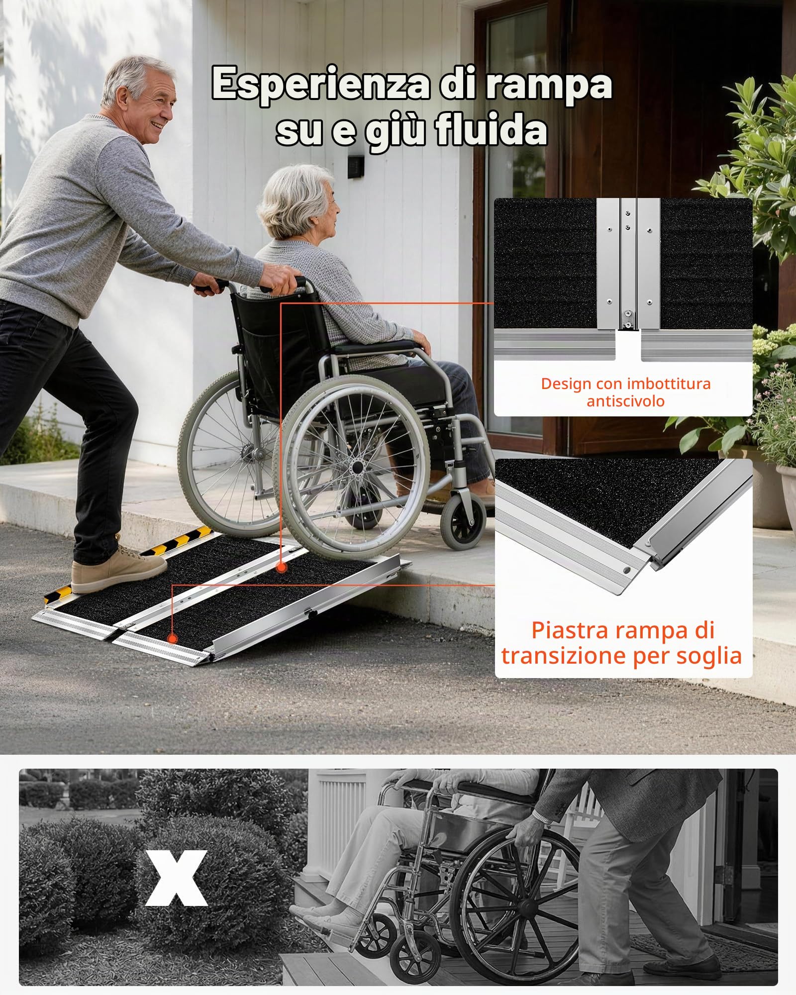 VEVOR Rampa Pieghevole per Sedie a Rotelle, 61 cm, Rampa di Soglia Portatile in Alluminio Resistente, Superficie Antiscivolo, Portata Massima 363 kg, per Gradini, Scale, Ingressi, Porte e Scooter