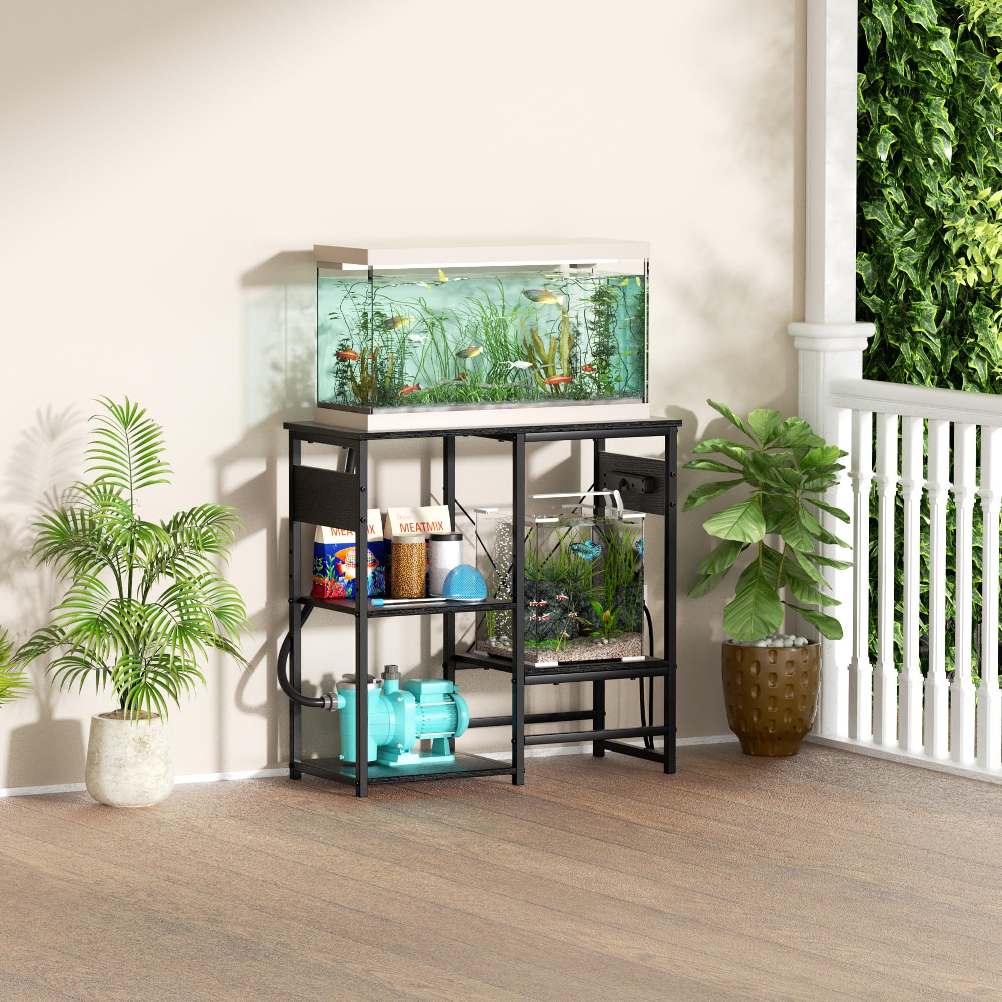 GRLEAF Aquarium-Ständer mit Steckdosen, 4-stöckig, Metall-Aquariumständer mit Holzablagen, 78 cm L x 35,1 cm B x 77 cm H, Schwarz