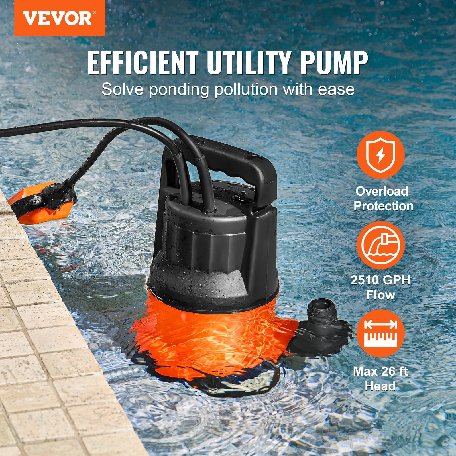VEVOR Bomba Utilitaria Sumergible, 400 W, 9500 L/H de Alto Flujo, Cabezal de 7,9 m, Bomba Sumergible de Sumidero con Cable de Alimentación Largo para Drenar Agua de Piscina, Jardín, Estanque, Sótano