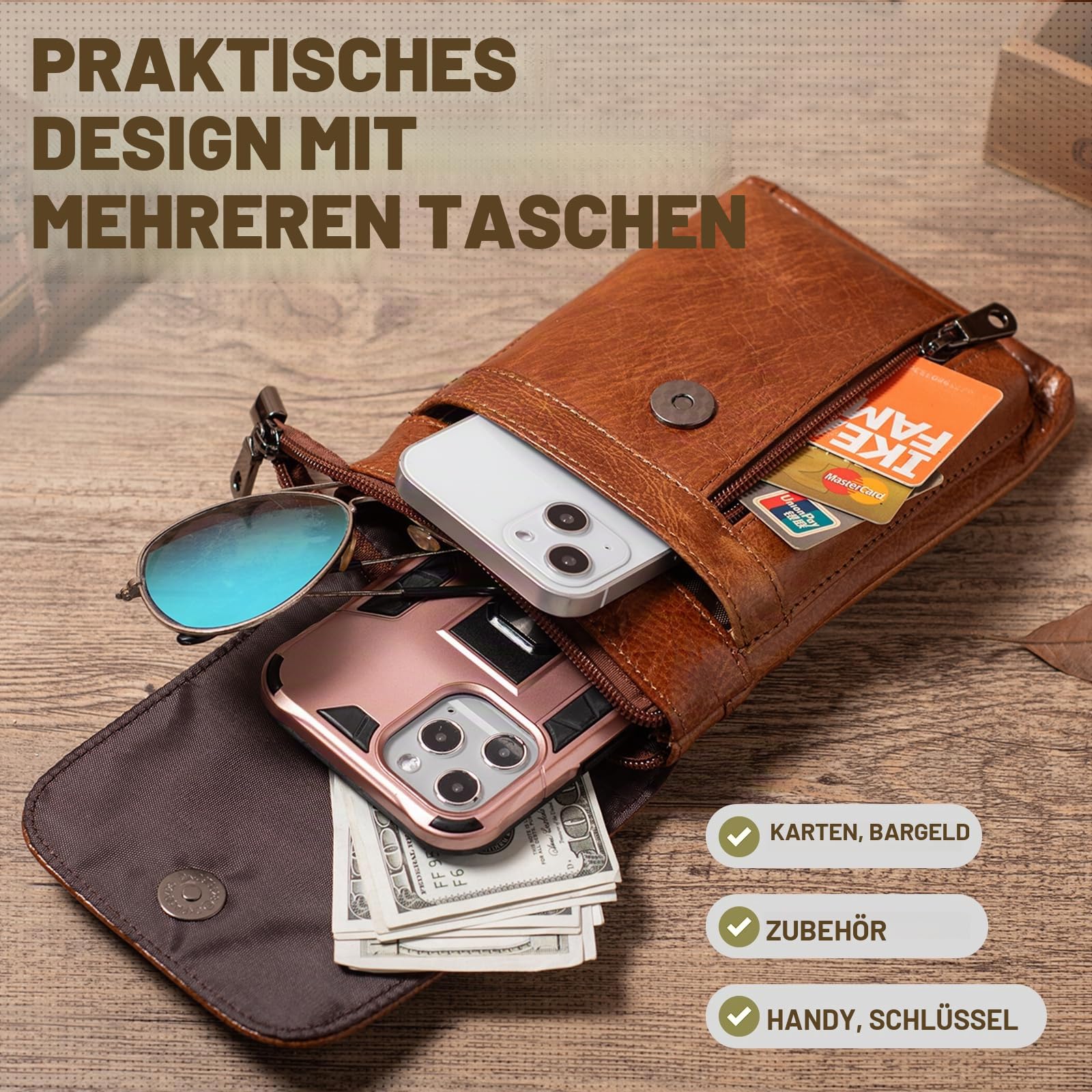 Kleine Umhängetasche aus echtem Leder für Herren und Damen, Handy-Gürteltasche für iPhone/Samsung, Reisepass, Geldbörse, Schulterholster, Braun, Large