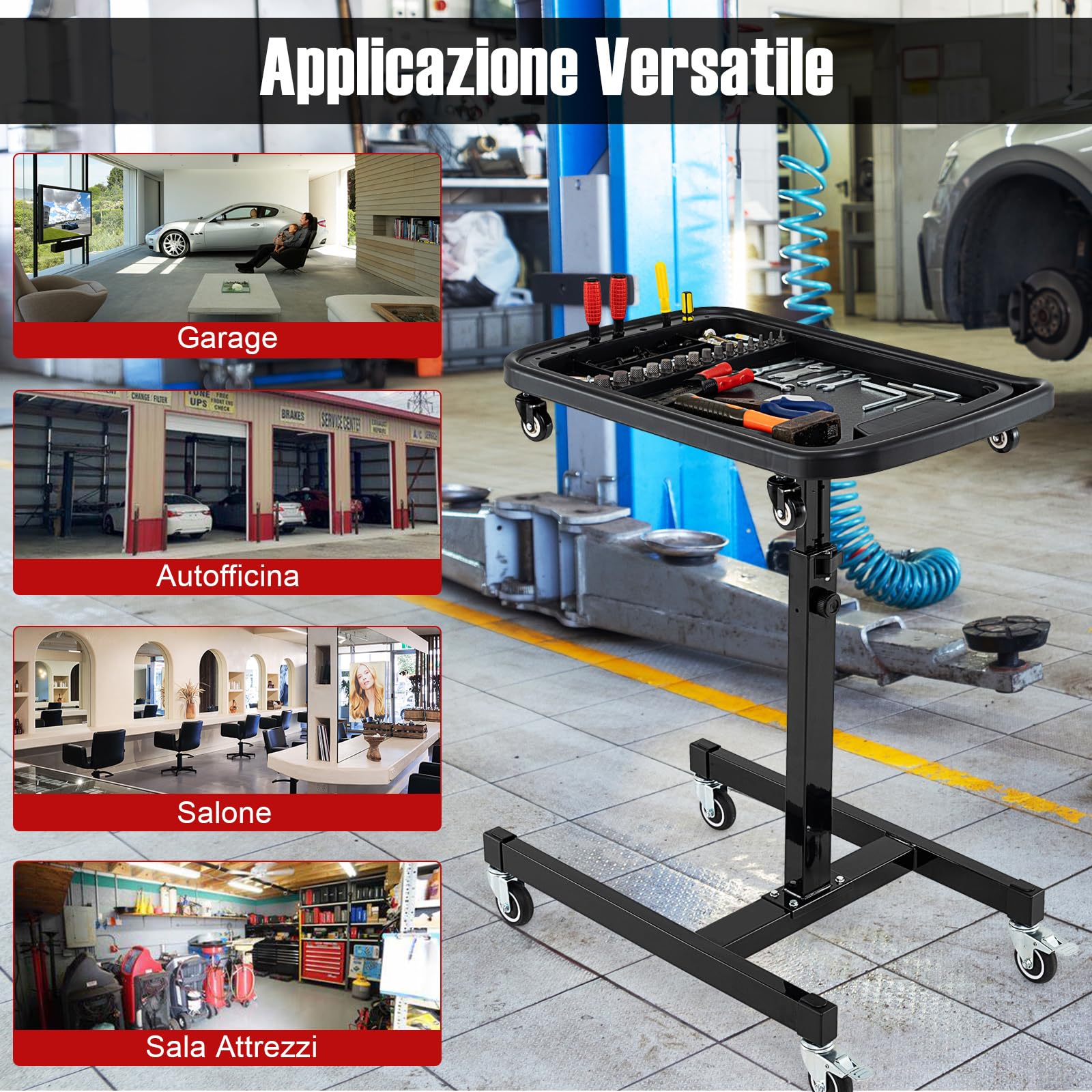 COSTWAY Vassoio Organizer per Attrezzi 2-in-1 con 4 Ruote, Carrello Porta Attrezzi Regolabile in Altezza con Vassoio, Carrello per Attrezzi da Meccanico Portatile per Garage e Officina, Nero