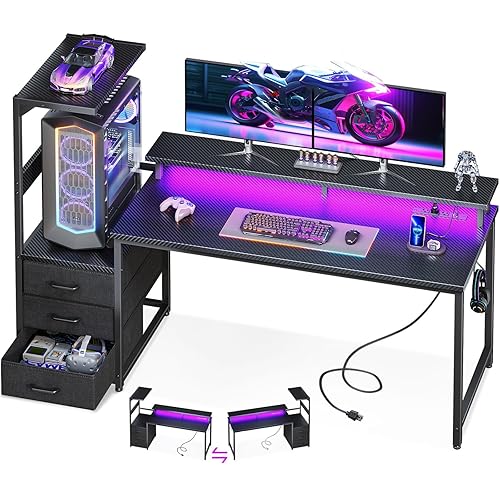 AODK 59 Inch Gaming Desk with USB Charging Ports & LED Light- Reversible Computer Desk with Storage Shelves & Monitor Stand, Modern Gamer Desk Table with Fabric Drawers & Side Hook, Carbon Fiber Black - Carbon Fiber Black