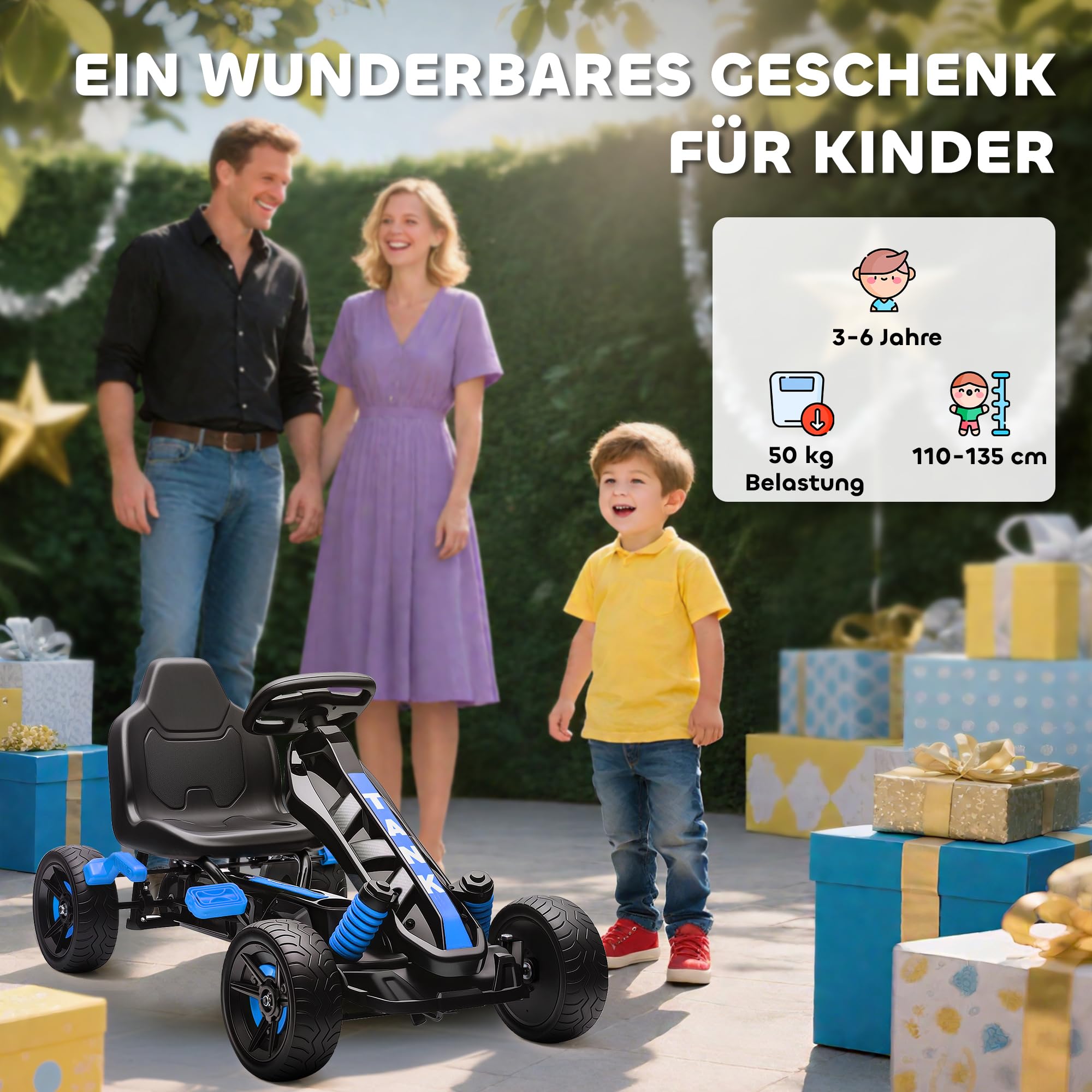 AIYAPLAY Gokart Tretauto mit Handbremse, Automatisches Kupplungssystem, Vor- und Rückwärtsgang, Tretfahrzeug mit rutschfest Eva-Räder Kinderfahrzeug Pedal-Gokart für Kinder 3-6 Jahren Blau