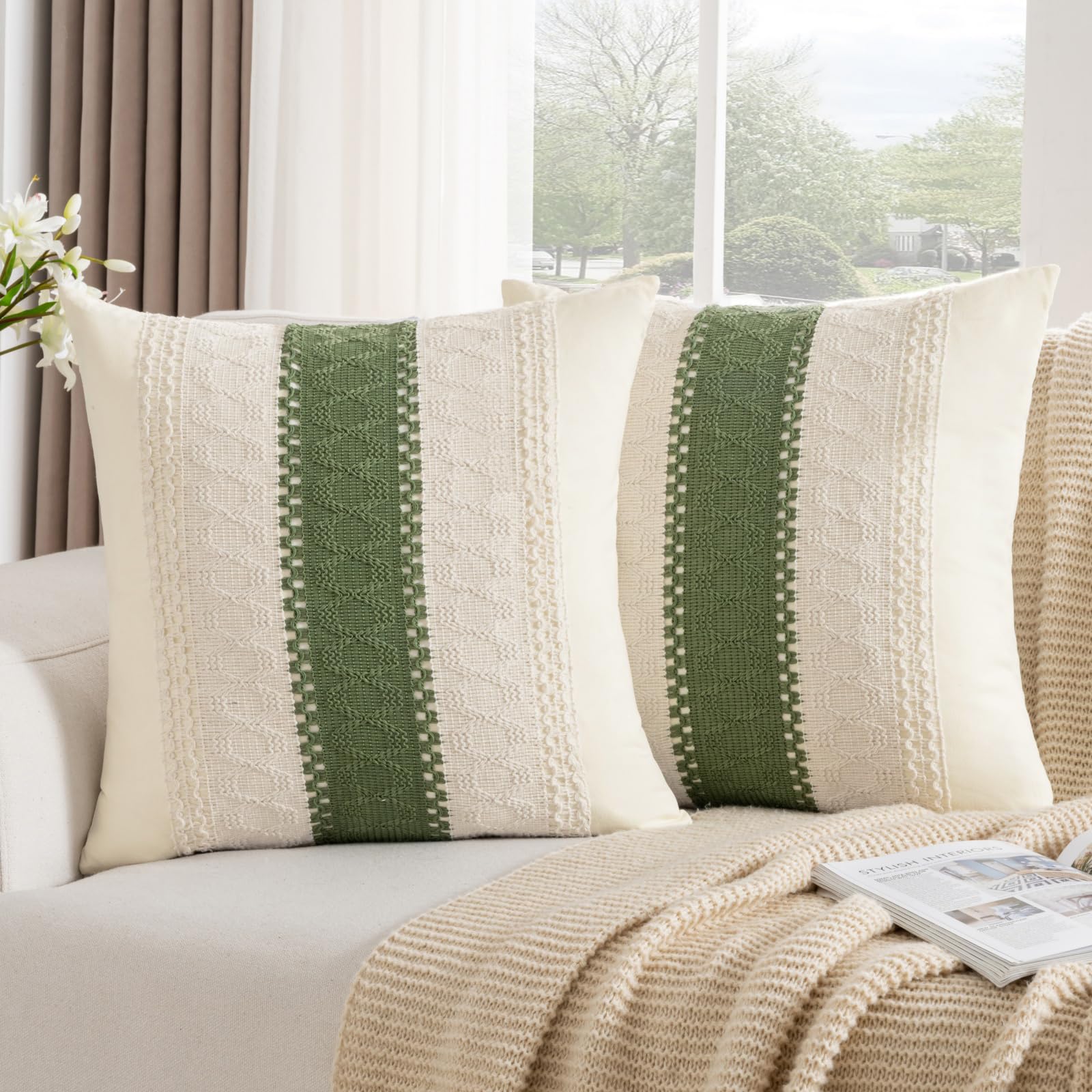 DakTou Boho Fundas de Cojines Decorativas Cuadradas de Algodón 50x50 Verde Bohemio Textura Tejida Fundas Decorativas para Almohadas para Decoración del Hogar Sofá Dormitorio Coche Juego de 2
