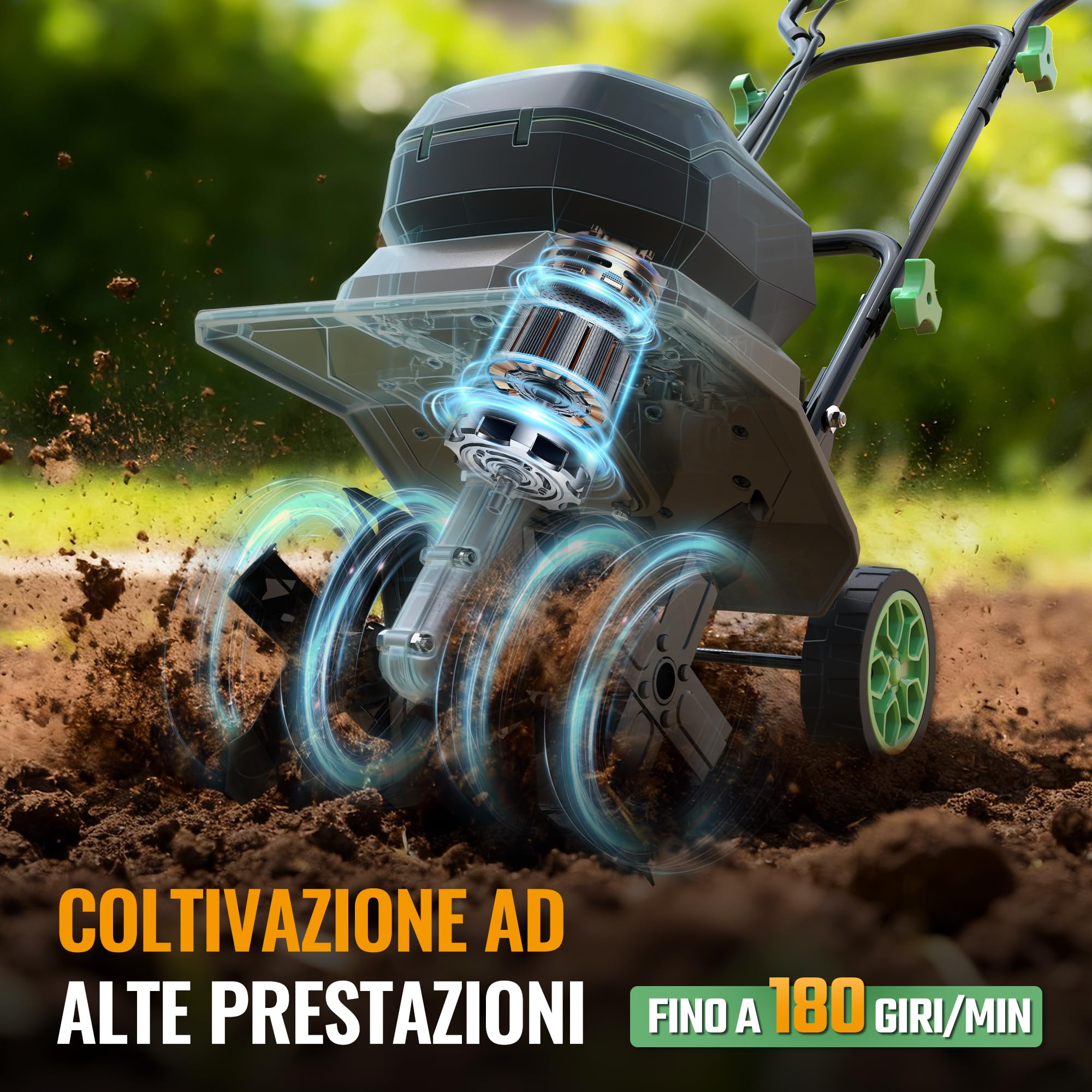 WORKPROX Motozappa Elettrica Senza Fili 40V, Lavoro 30 cm x 20 cm, doppia Batteria 4000 mAh, Manubrio Pieghevole, Ruote Regolabili in 4 Posizioni - Compatta e Silenziosa per Giardino, Orto e Frutteto