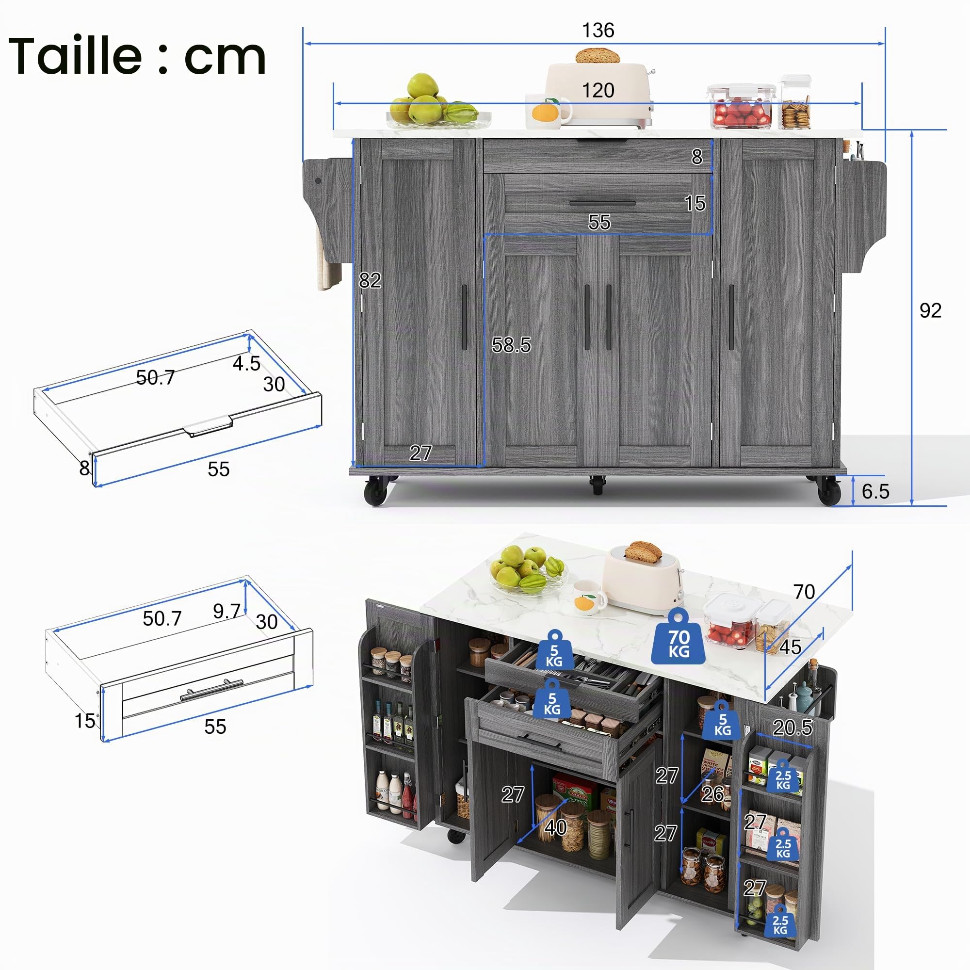 Îlot de cuisine autoportant avec plan de travail pliable, armoire de cuisine sur 5 roulettes, avec étagère et 2 tiroirs, pour cuisine, salle à manger, 136 x 70 x 92 cm (gris)