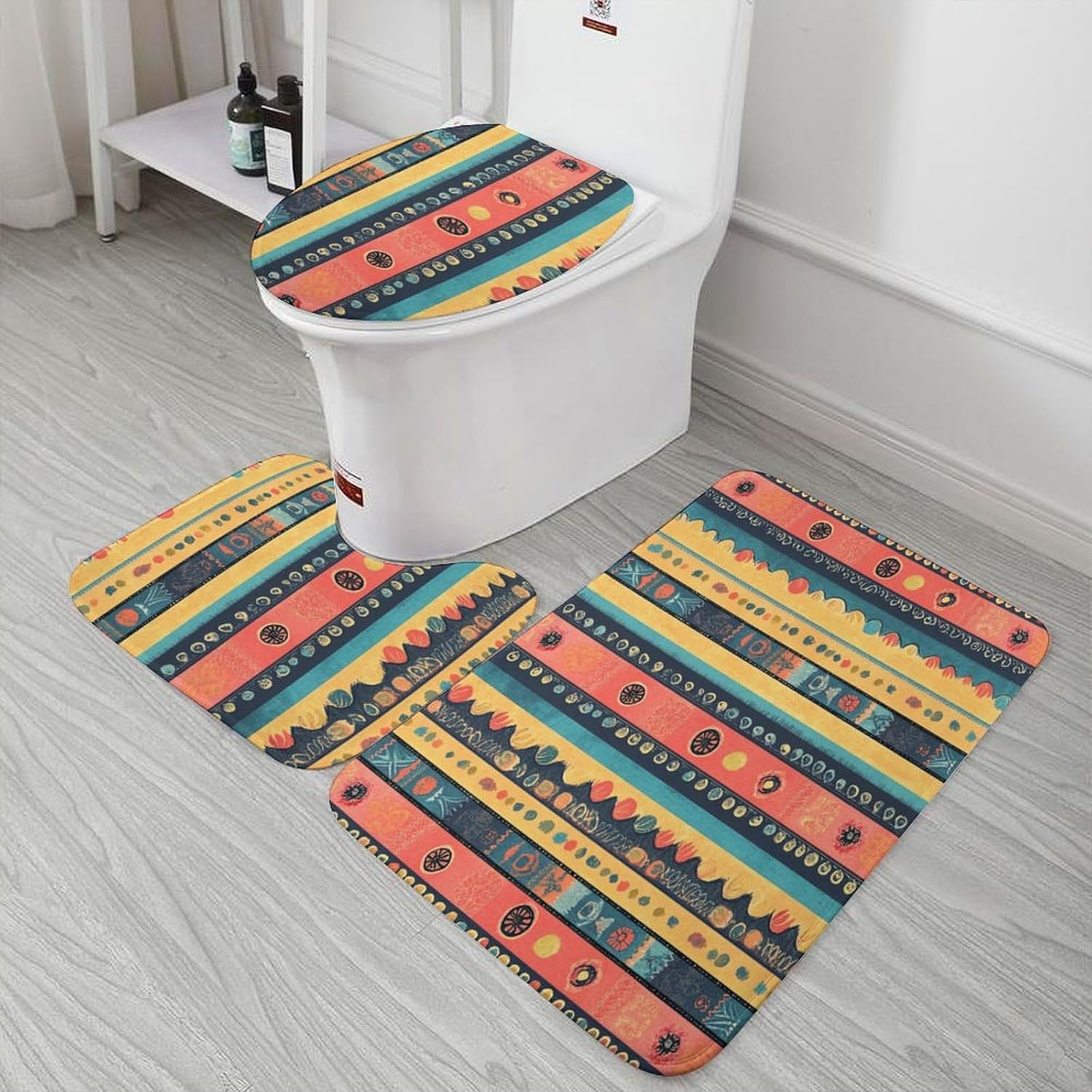 Bohemian Stripe Rugs Sets 3 Piece Bathroom Decor Bohemian Retro Stripe Toilet Lid Cover and Bath Mat Mat Contoured for Toilet Lid Toilet Cover and Carpet Rug 20"x32"