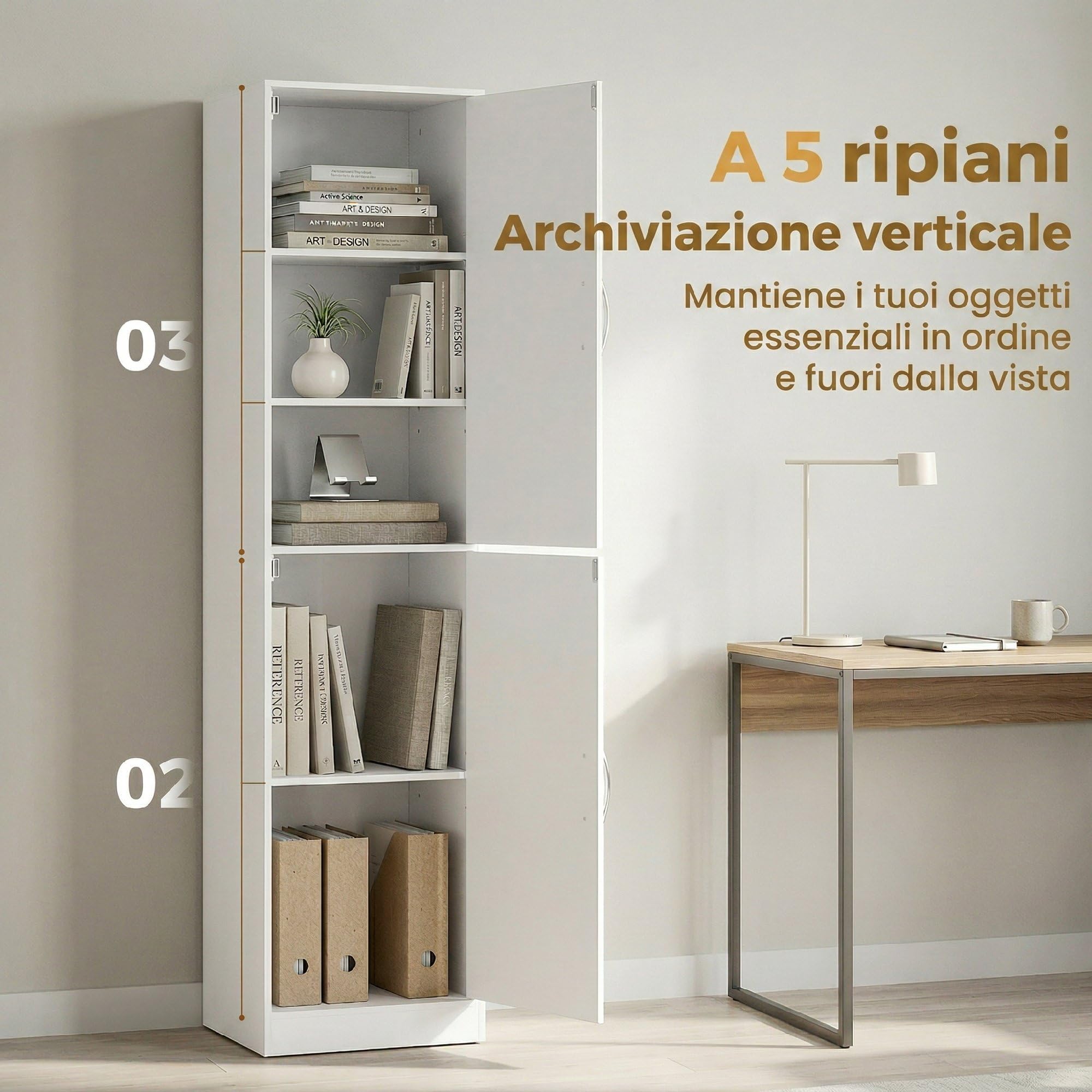 HOMCOM Libreria Scaffale Alta 180 cm con 5 Ripiani Regolabili Bianco