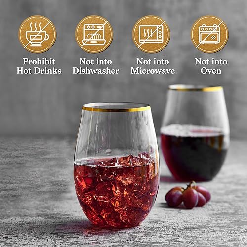 Miniatura 5 de FOCUSLINE 20 copas de vino de plástico de 16 onzas, borde dorado sin tallo, vasos desechables resistentes, reutilizables, inastillables para fiestas