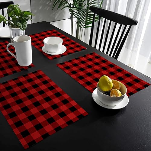 Miniatura 3 de Juego de 6 manteles individuales a cuadros rojos y negros, manteles individuales de algodón y lino para mesa de comedor, para fiestas, cocina,