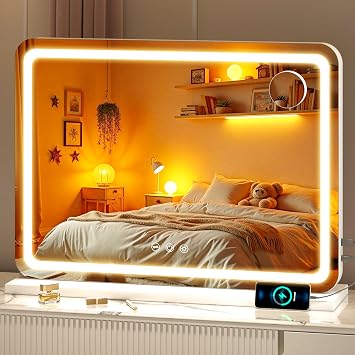 Vanity Mirror with Lights, 28" x 20" LED Makeup Mirror with 10X Magnification, Dimmable 3 Modes, Memory Function, Smart Touch, USB Charging Port, Lighted Makeup Mirror Round White