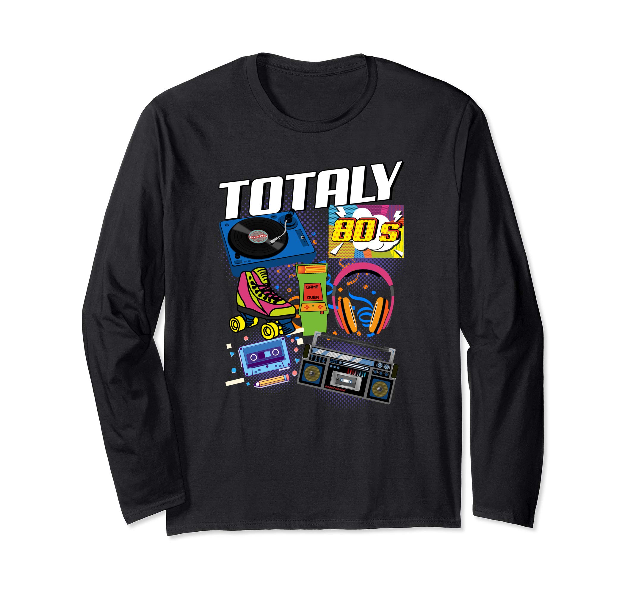 Retro 1980's Party Design Turntable Cassette Stereo Long Sleeve T-Shirt, Black