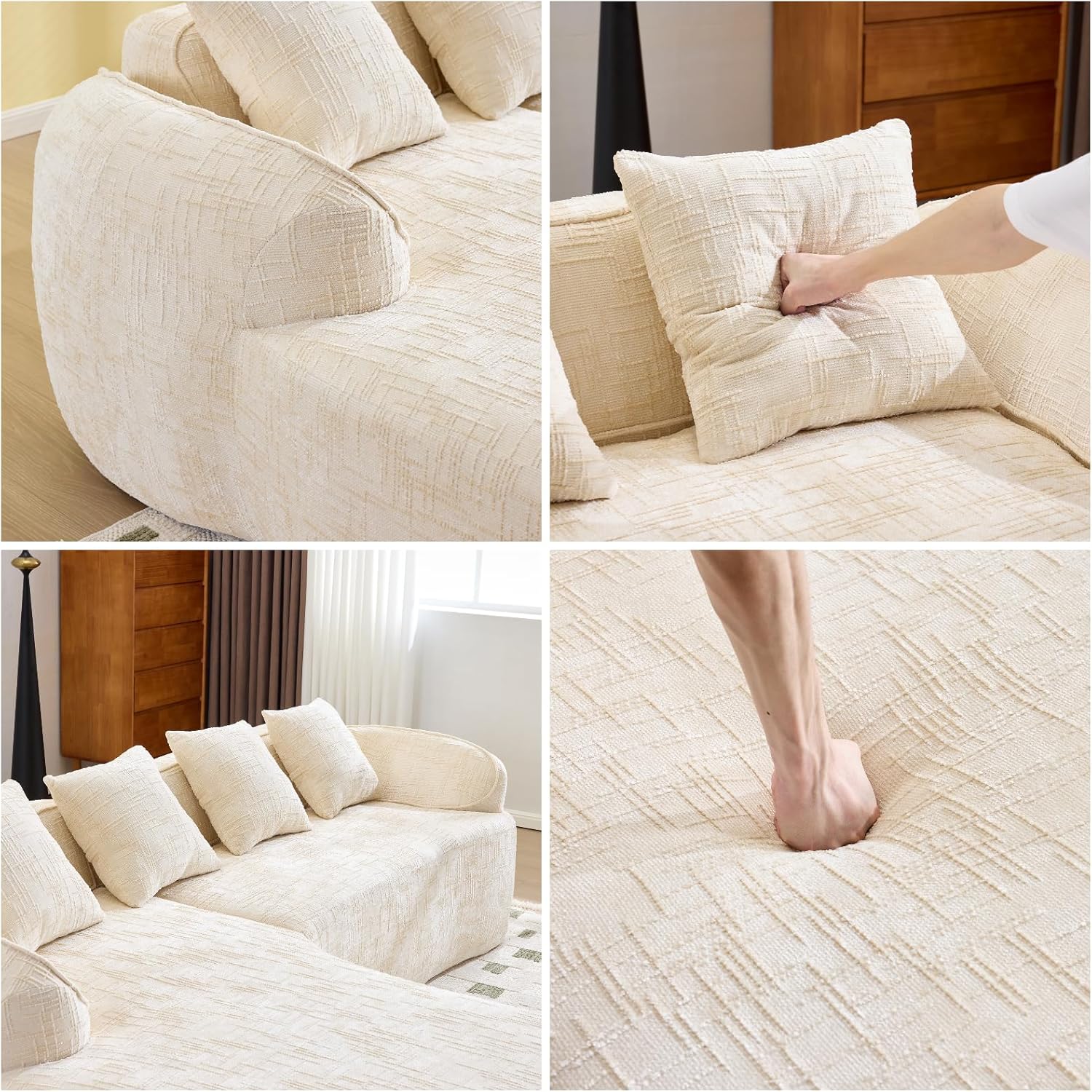 L Shaped Compression Sofa, Modular Couch with Curved Armrests & 4 Coordinating Pillows, Modern 101'' Chenille 4 Seater Sofa with Wide Seat for Living Room, Bedroom, No Assembly, Beige