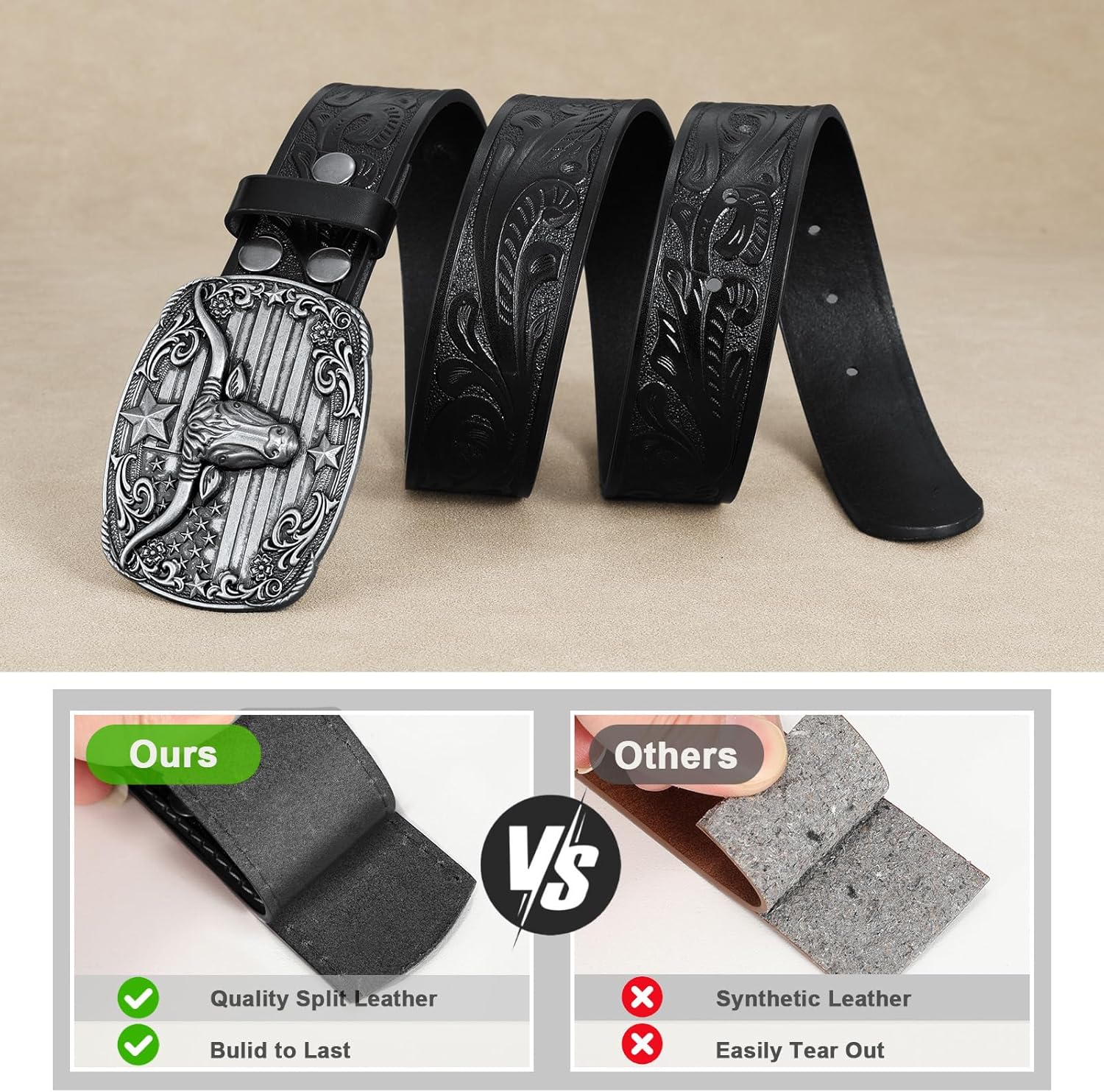 SANSTHS Cowboy Belts for Men Women - Western Cowboy Belt and Buckle, Cowgirl Leather Belts Big Buckles, Brown Black 1.5" - Image 3