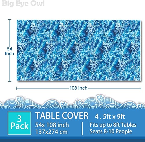 Miniatura 2 de Mantel de plástico con estampado de olas del océano, 3 unidades, color azul, con estampado de agua, para playa, piscina, fiesta de cumpleaños,