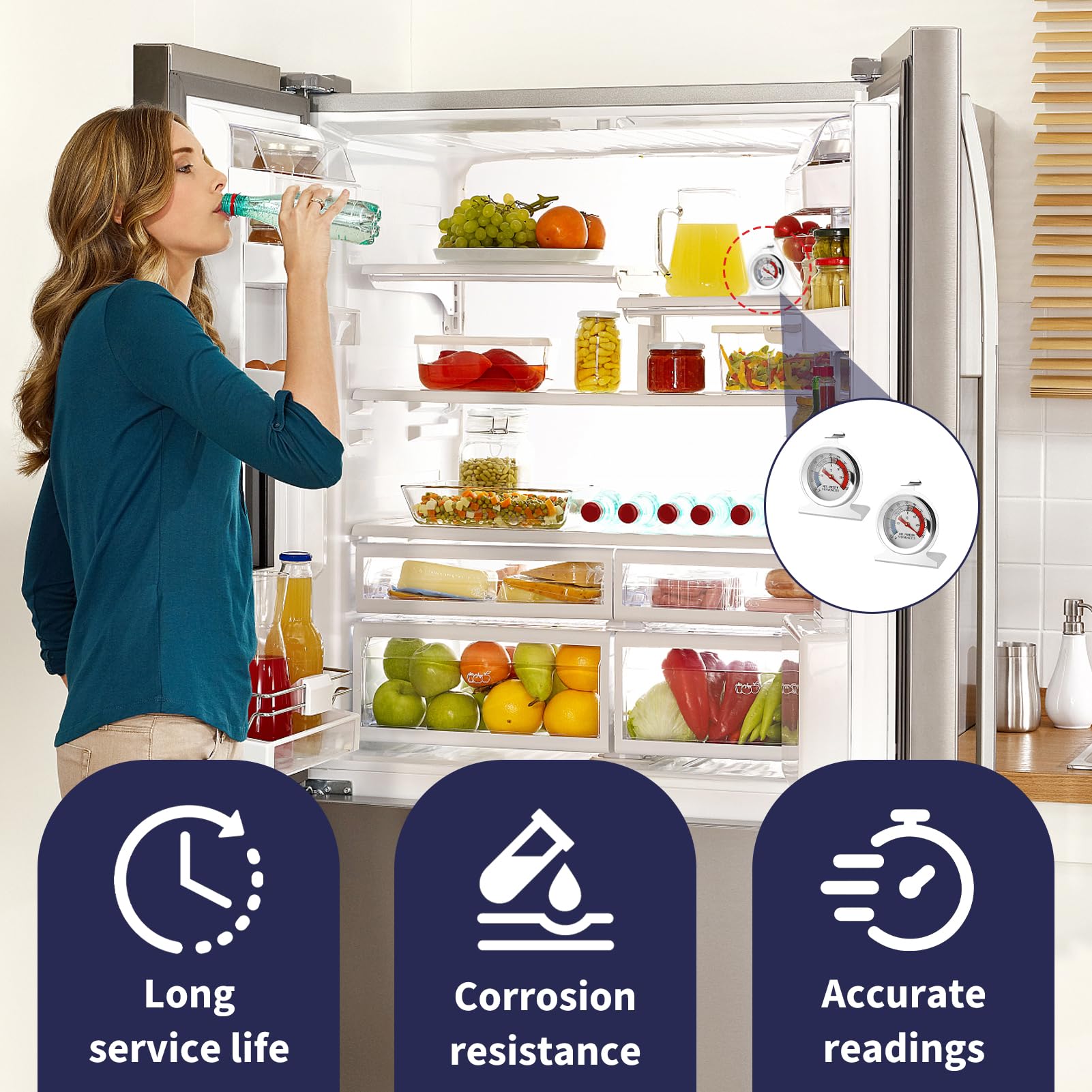 Lot de 3 thermomètres de réfrigérateur à grand cadran, série classique pour réfrigérateur, congélateur, refroidisseur