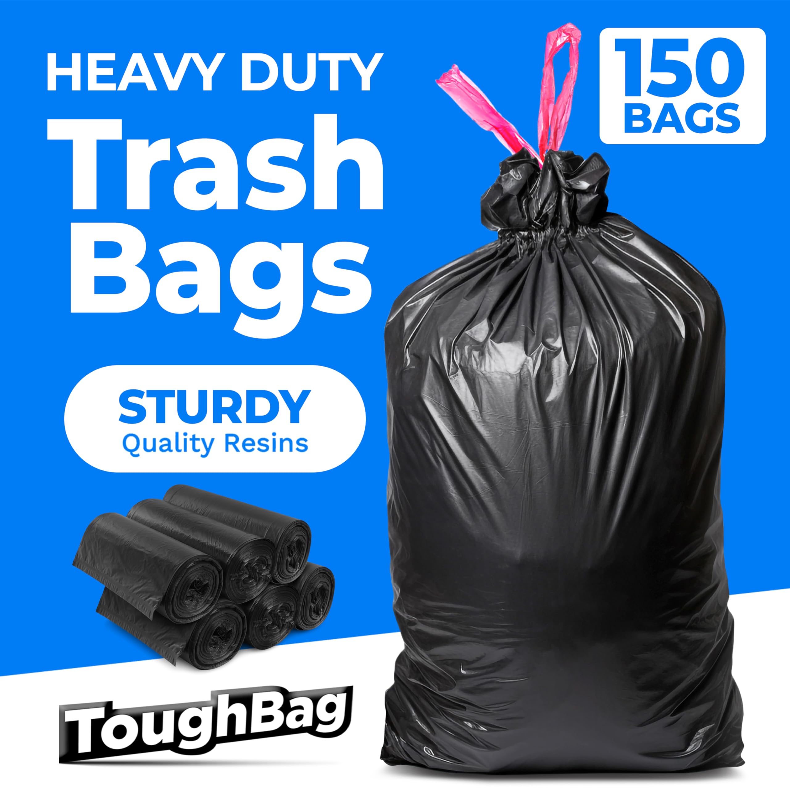 ToughBag Sacchetti per la spazzatura da 30 galloni con coulisse (150 pezzi) grandi sacchetti neri per immondizia da 30 galloni, resistenti per cucina, commerciale e prato