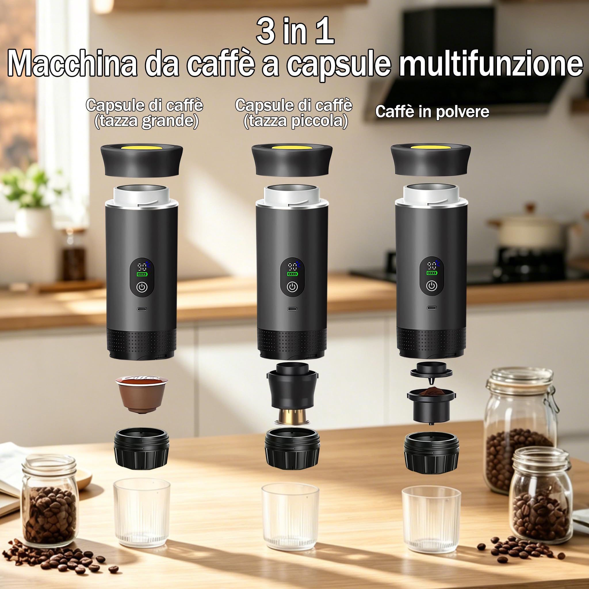 Portable Coffee Maker 3 in 1 Espresso Machine USB-C Mini Electric Hot Water Coffee Maker Compatible with Ness-Preso, Dolce-Gusto and Ground Coffee Capsules