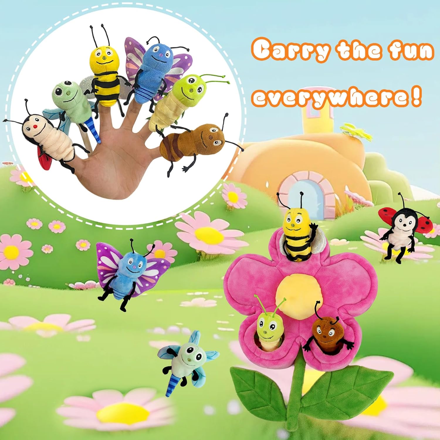 6pcs Insect Finger Puppets Bringing a Flowers House, Novelty Animals Toys Puppet for Kids, Storytelling Role-Playing Plush Finger Puppets Gifts for Boys and Girls - Image 3