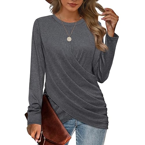 Jescakoo Womens Tops Long Sleeve Shirts Twist Front Crew Neck Tunics