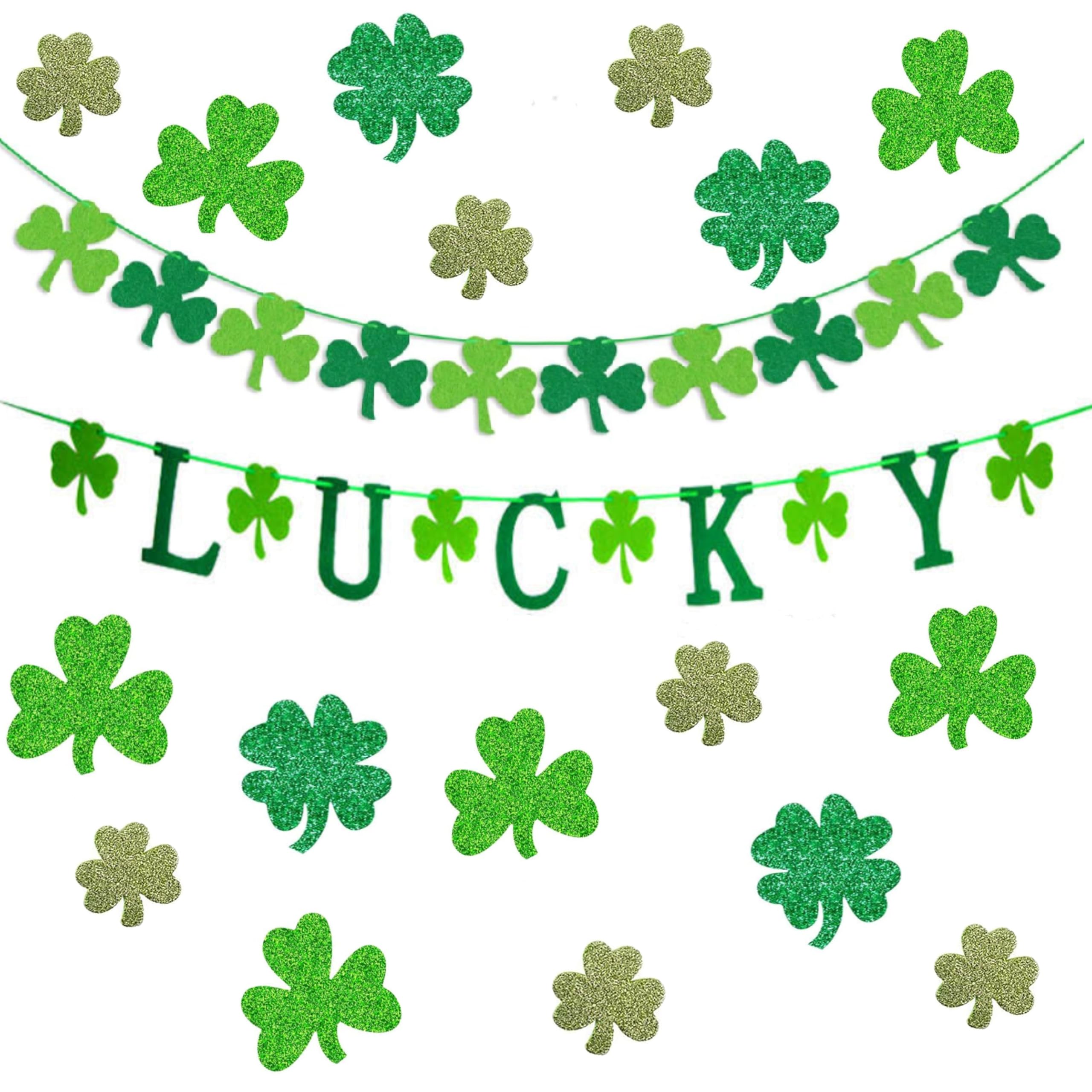 82 Pieces St. Patricks Day Decoration Set Green Shamrock Banner Include Sparkle Clover Banner Happy Banner Cardboard Clover St. Patrick's Day Garland for Irish Party Supplies
