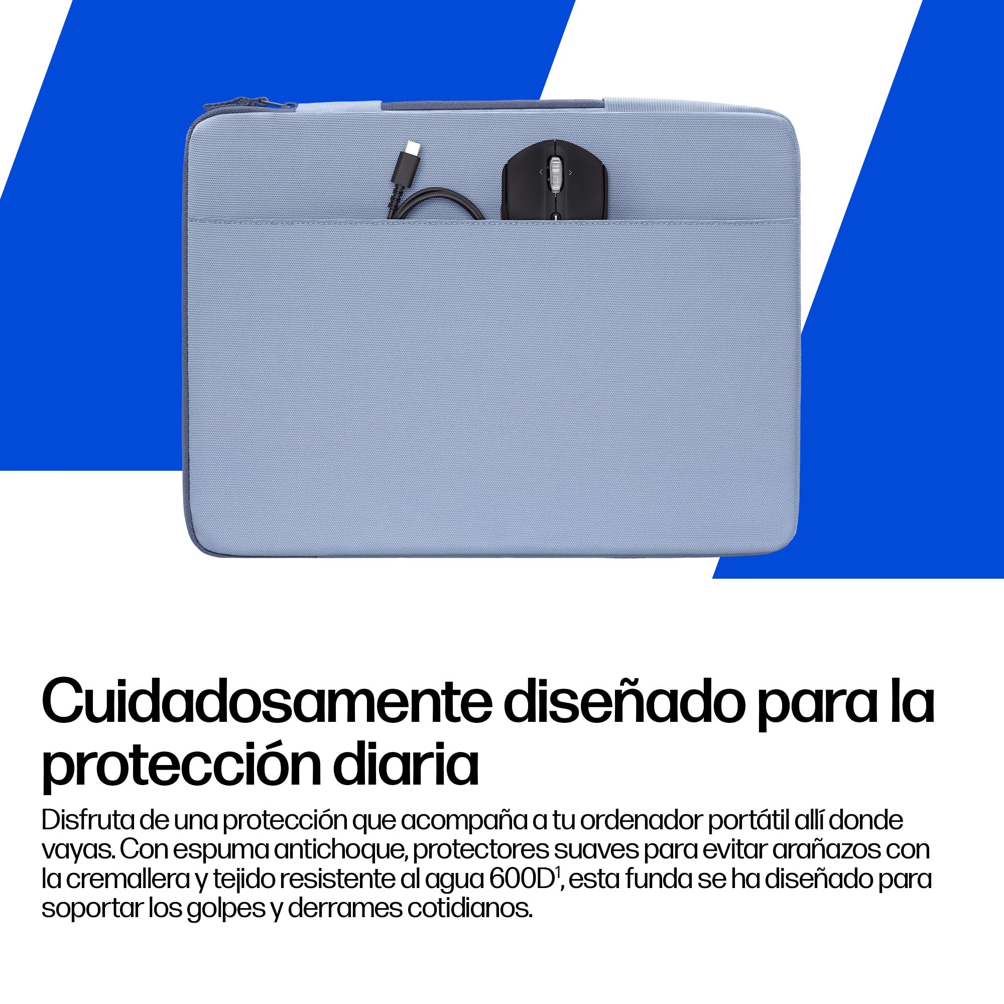 HP Funda Protectora para Portátil 13-14 Pulgadas, Acolchada Antigolpes, Resistente al Agua 600D, con Asa Retráctil y Bolsillo para Accesorios, Compatible con Laptop hasta 14", Color Azul Claro