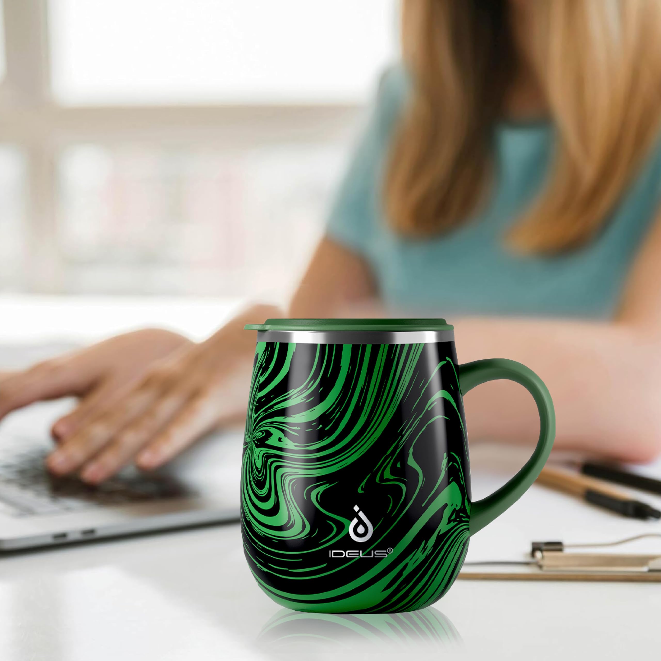 Ideus Tasse à café isotherme de 473 ml avec poignée et couvercle (zèbre vert) | Tasse à café isotherme à double paroi en acier inoxydable pour la maison et le bureau