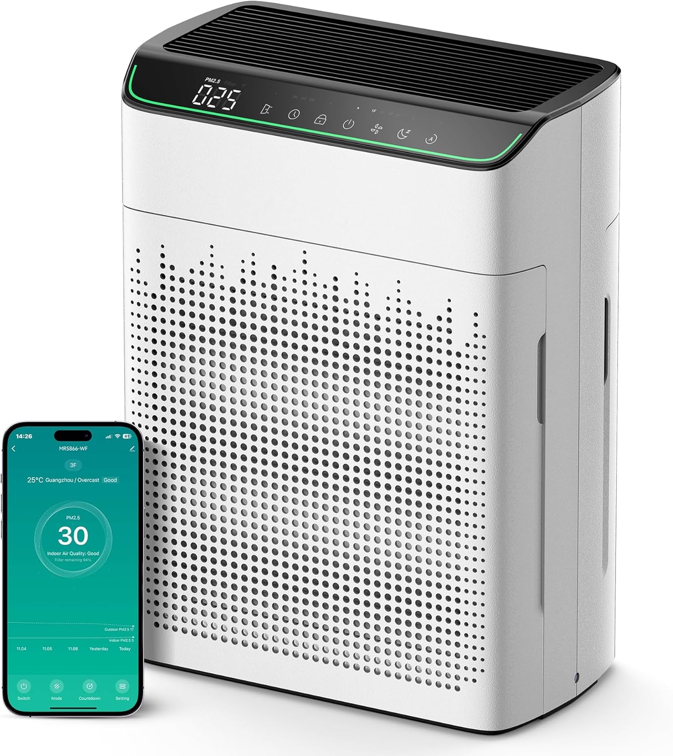 MORENTO Air Purifiers for Home Large Room Up to 1290 ft² with PM 2.5 Air Quality Monitor, Wi-Fi and Alexa compatible, HEPA Auto Mode Double-sided Air Inlet for Smoke and Odor, 23db, MR5866, White